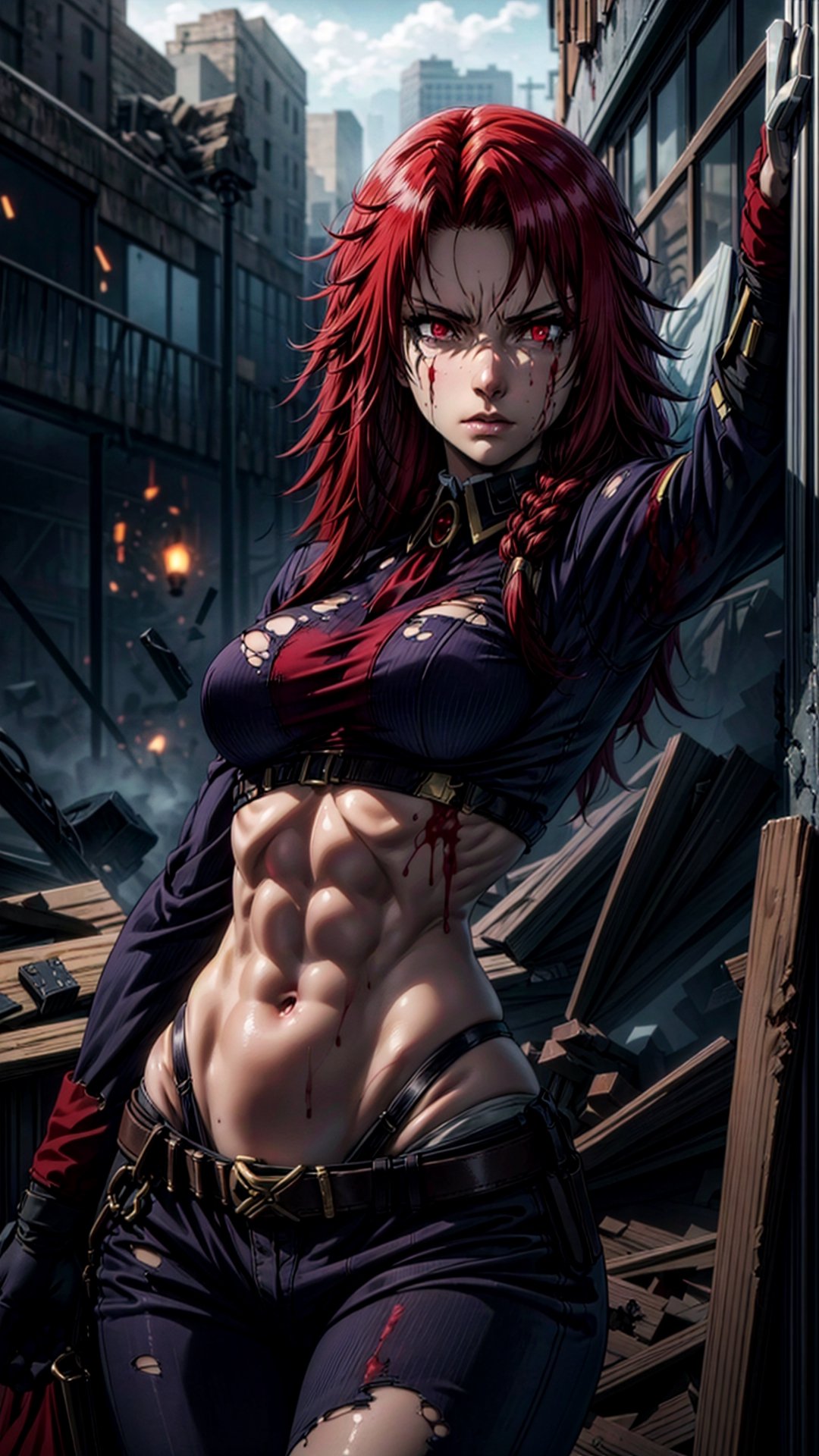 1girl, sole_female, (ruined city backbround), Iris Midgar, exposed_midriff, abs, medium_breasts, with blood stains on his face, ready to face any threat that came her way, glowing eyes, red eyes, (detalled eyes:1.3), torn clothes, dynamic pose, Iris,