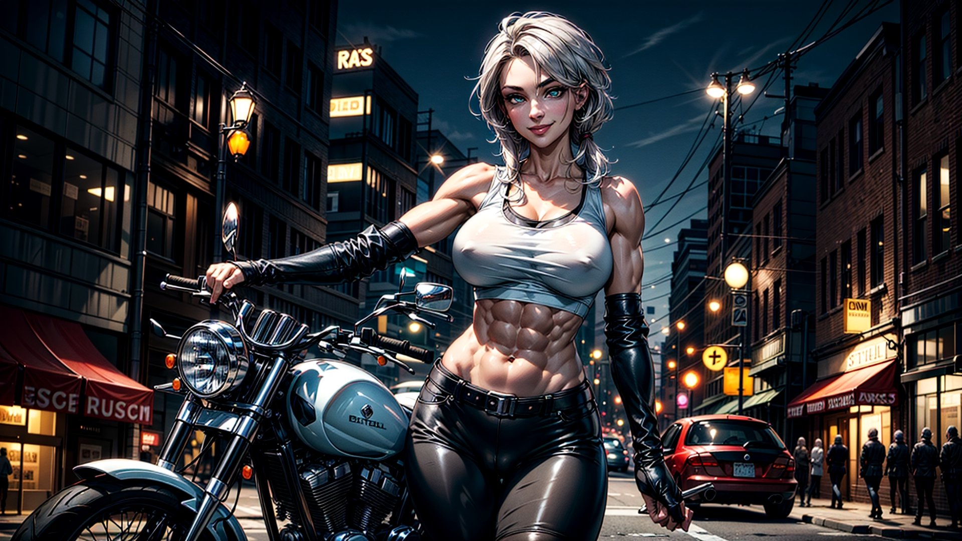 masterpiece, ilustration, best quality, high_resolution, 1girl, sole_female, sexy girl, seductive girl, rap girl, full_body, (street at night background),

tall girl, white_body, gray_hair, short_hair_with_long_locks, emerald_eyes, (detalled eyes:1.5), (big_breasts:1.3), perky tits, abs, (not so ripped abs), skinny waist, wide hip, groin, hip_lines, thicc_thighs, big ass,

motorcycle gloves, (leather jacket), white tank top, exposed_navel, exposed_midriff, leather belt, black leggings, camel_toe, waders,

(smile), (contrapposto), head_tilt, (with a motorcycle behind:1.1), (front_view)