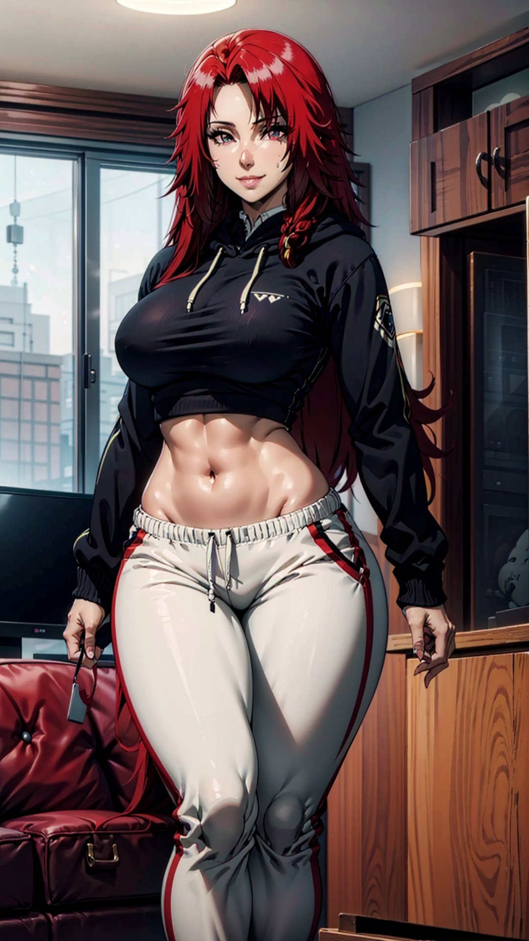 masterpiece, high_res, high_resolution, best_quality, very_high_resolution, (livingroom_background:1.2), 1girl, sole_female, full_body, seductive_girl, long hair, (large breasts:1.3), wide hips, (thick thighs:1.2), (black hoodie:1.1), (white sweatpants:1.2), white pants, crop top, midriff, indoors, living room, (legs together:1.1), seductive smile, (cowboy shot:1.2), looking at viewer, front view, (standing:1.1), (illustration:1.1), (beautiful eyes, detalle eyes:1.2), red_eye, Iris