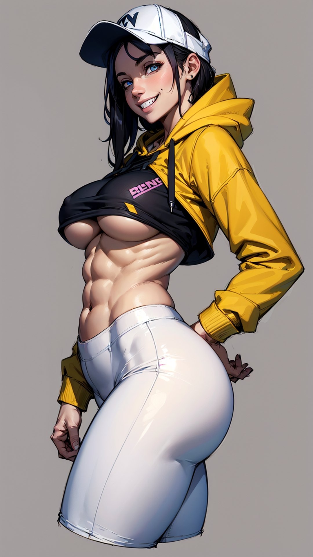 masterpiece, ilustration, best quality, high_resolution, 1girl, sole_female, sexy girl, seductive girl, rap girl, full_body, (graffiti background),

tall girl, white_body, black_hair, short_hair_with_long_locks, light_blue_eyes, (detalled eyes:1.5), clavicle, (big_breasts:1.3), perky tits, abs, (not so ripped abs:1.1), skinny waist, wide hip, groin, hip_lines, thicc_thighs, big ass,

black cap, (cap with visor), black hoodie, (cropped hoodie underboob cut:1.5), belly_button, white leggings, camel_toe, (white sneakers),

(villain smile showing teeth:1.5), standing, (seductive_pose), head_tilt, looking_at_viewer, (front_view)