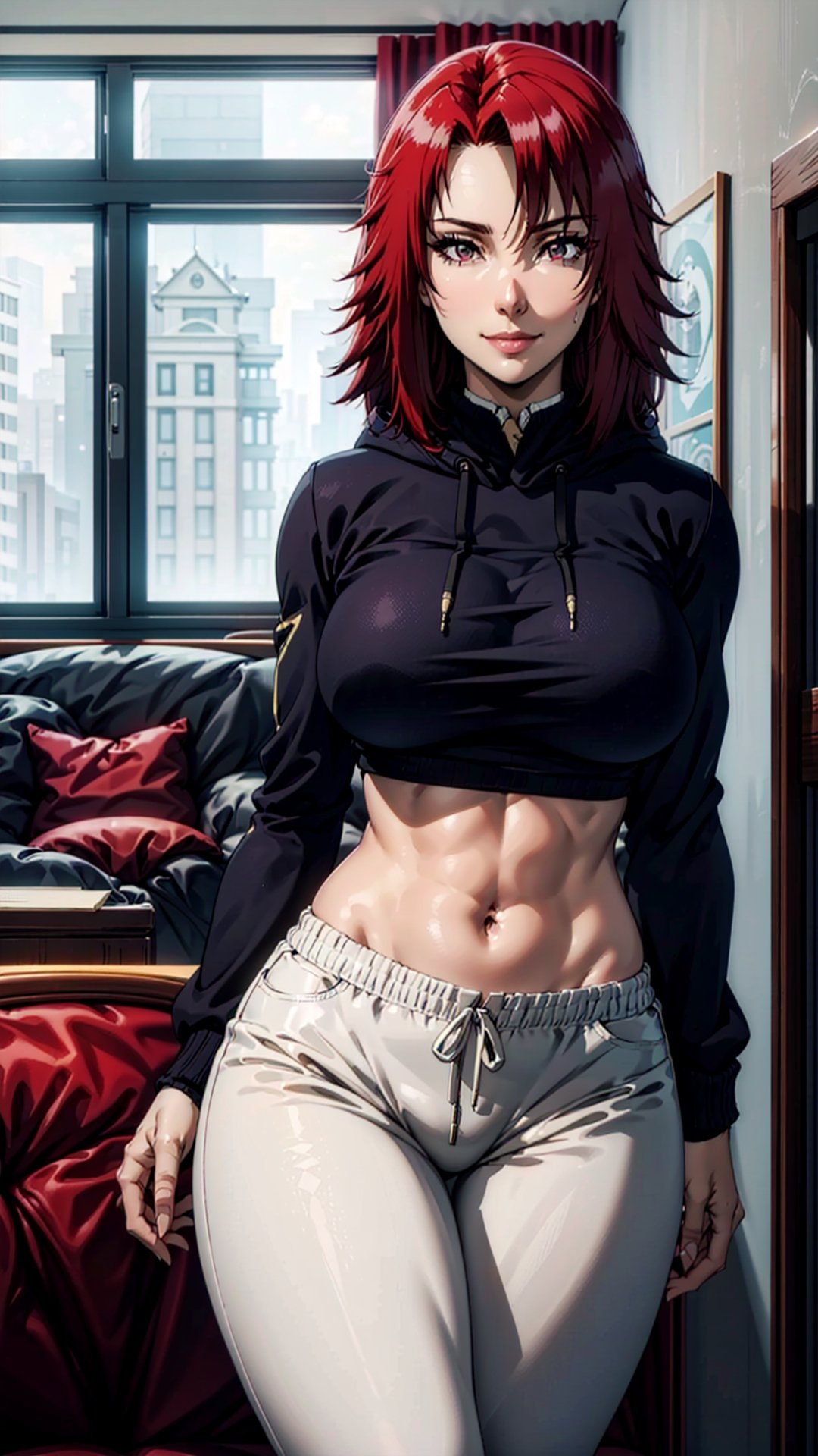 masterpiece, high_res, high_resolution, best_quality, very_high_resolution, (livingroom_background:1.2), 1girl, sole_female, full_body, seductive_girl, short hair, (large breasts:1.3), wide hips, (thick thighs:1.2), (black hoodie:1.1), (white sweatpants:1.2), white pants, crop top, midriff, indoors, living room, (legs together:1.1), seductive smile, (cowboy shot:1.2), looking at viewer, front view, (standing:1.1), (illustration:1.1), (beautiful eyes, detalle eyes:1.2), red_eye, Iris