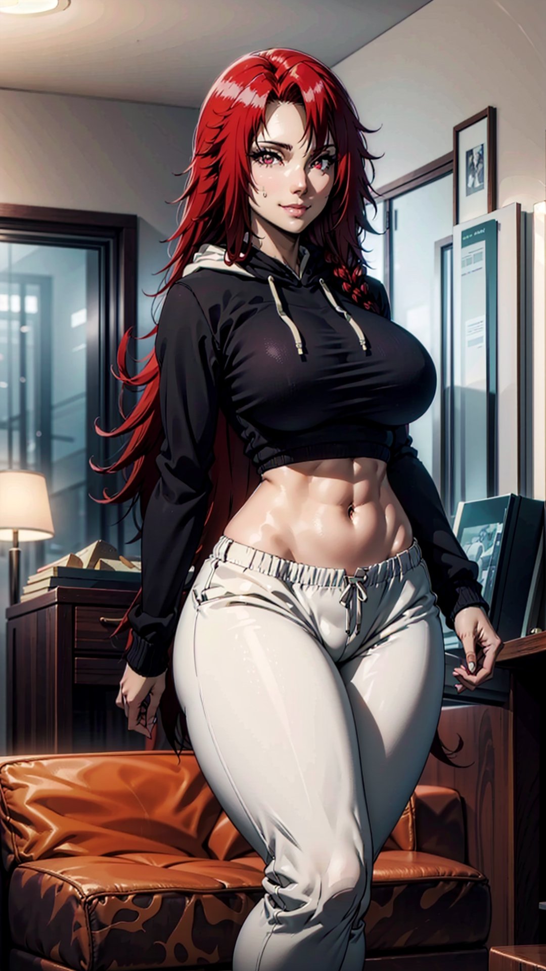 masterpiece, high_res, high_resolution, best_quality, very_high_resolution, (livingroom_background:1.2), 1girl, sole_female, full_body, seductive_girl, long hair, (large breasts:1.3), wide hips, (thick thighs:1.2), (black hoodie:1.1), (white sweatpants:1.2), white pants, crop top, midriff, indoors, living room, (legs together:1.1), seductive smile, (cowboy shot:1.2), looking at viewer, front view, (standing:1.1), (illustration:1.1), (beautiful eyes, detalle eyes:1.2), red_eye, Iris