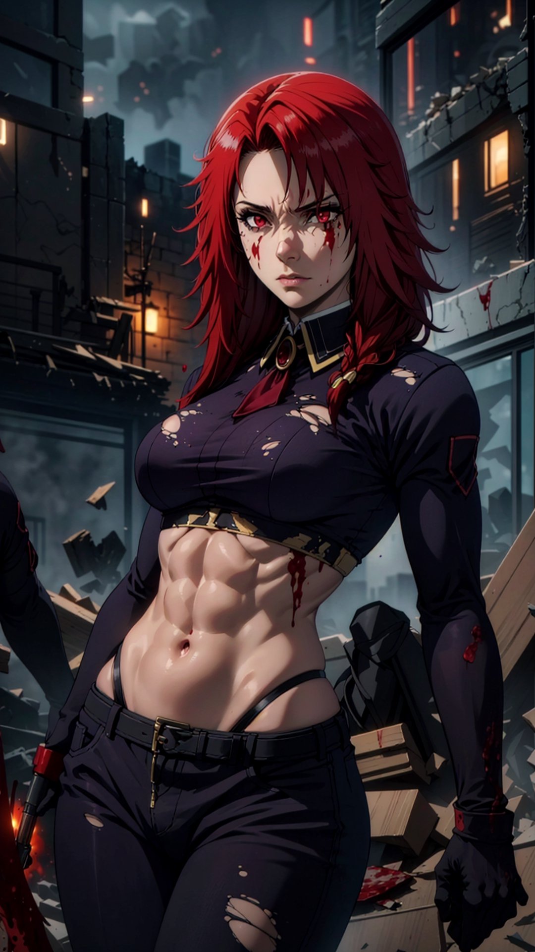 1girl, sole_female, (ruined city backbround), Iris Midgar, exposed_midriff, abs, medium_breasts, with blood stains on his face, ready to face any threat that came her way, glowing eyes, red eyes, (detalled eyes:1.3), torn clothes, Iris,