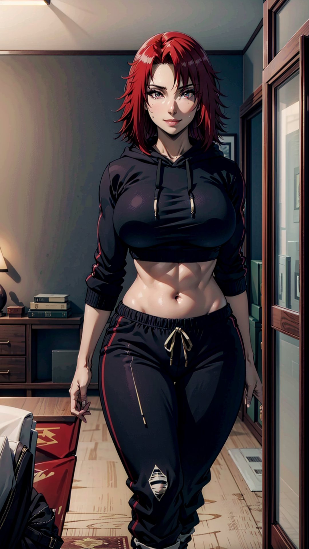 masterpiece, high_res, high_resolution, best_quality, very_high_resolution, (livingroom_background:1.2), 1girl, sole_female, full_body, seductive_girl, short hair, (large breasts:1.3), wide hips, (thick thighs:1.2), (black hoodie:1.1), (white sweatpants:1.2), white pants, crop top, midriff, indoors, living room, (legs together:1.1), seductive smile, (cowboy shot:1.2), looking at viewer, front view, (standing:1.1), (illustration:1.1), (beautiful eyes, detalle eyes:1.2), red_eye, Iris