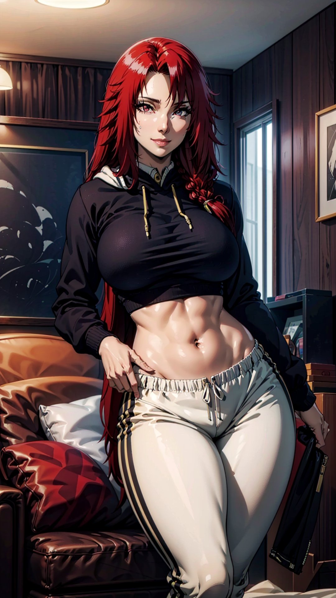 masterpiece, high_res, high_resolution, best_quality, very_high_resolution, (livingroom_background:1.2), 1girl, sole_female, full_body, seductive_girl, long hair, (large breasts:1.3), wide hips, (thick thighs:1.2), (black hoodie:1.1), (white sweatpants:1.2), white pants, crop top, midriff, indoors, living room, (legs together:1.1), seductive smile, (cowboy shot:1.2), looking at viewer, front view, (standing:1.1), (illustration:1.1), (beautiful eyes, detalle eyes:1.2), red_eye, Iris