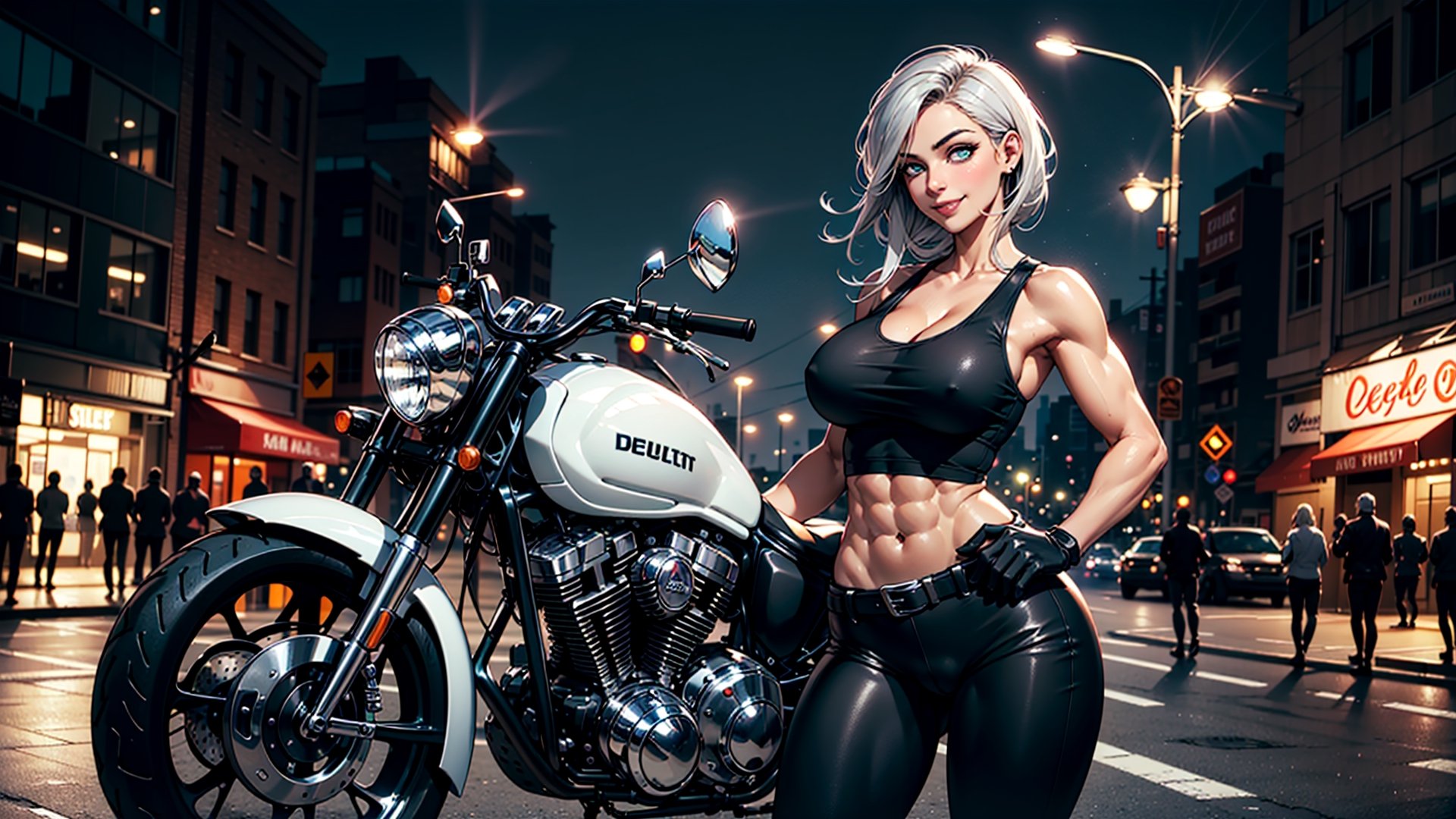 masterpiece, ilustration, best quality, high_resolution, 1girl, sole_female, sexy girl, seductive girl, rap girl, full_body, (street at night background),

tall girl, white_body, gray_hair, short_hair_with_long_locks, emerald_eyes, (detalled eyes:1.5), (big_breasts:1.2), perky tits, abs, (not so ripped abs:1.1), skinny waist, wide hip, groin, hip_lines, thicc_thighs, big ass,

motorcycle gloves, (leather jacket:1.1), (white tank top:1.2), exposed_navel, exposed_midriff, leather belt, black leggings, camel_toe, waders,

(smile), (contrapposto), head_tilt, (with a motorcycle behind:1.1), (front_view)