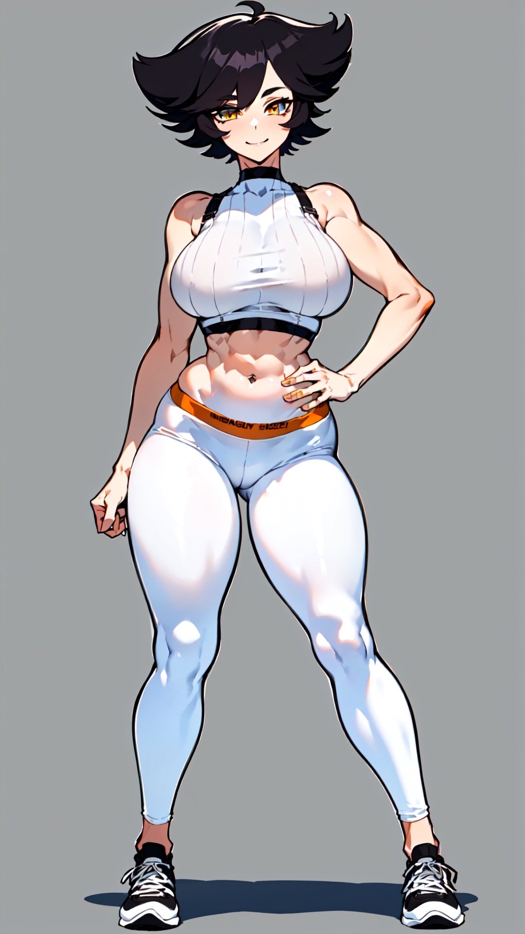 (simple background:1.2), high_resolution, high_quality, masterpiece, best quality, ultra high res, 1girl, full_body,

white skinned, (black_hair, short_hair, asymmetrical_hair:1.3), (amber_eyes, beautiful_eyes, detailed_eyes: 1.3), large_breasts, perky tits, skinny waist, wide hip, groin, hip_lines, thicc_thighs,

(black_crop_top, exposed_midriff:1.3), (white_leggins:1.3), sneakers,

smile, head_tilt, looking_at_viewer, squinted eyes, standing, camel_toe, (contrapposto:1.5), KarmaVT,