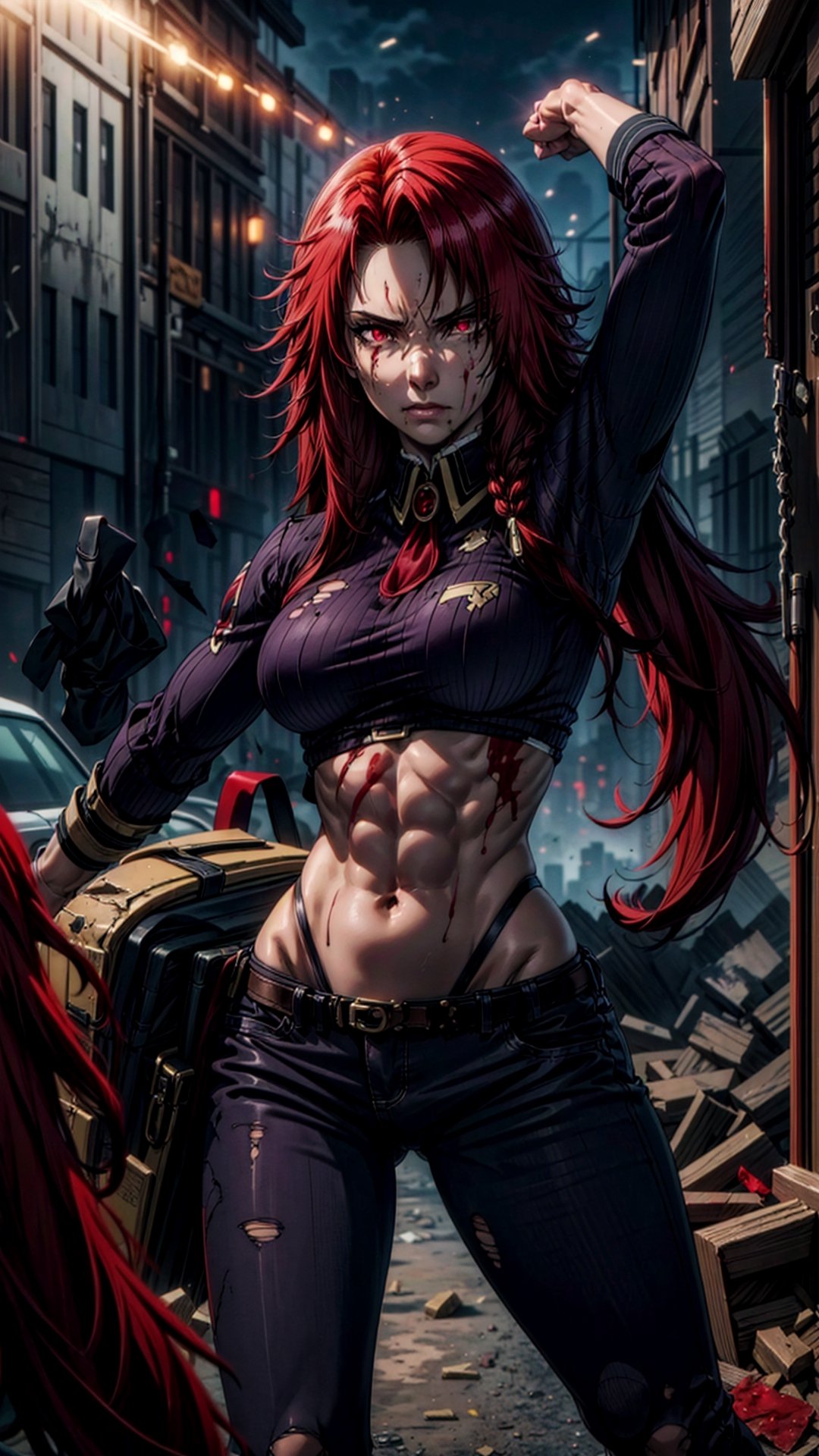 1girl, sole_female, (ruined city backbround), Iris Midgar, exposed_midriff, abs, medium_breasts, with blood stains on his face, face ready for fight, glowing eyes, red eyes, (detalled eyes:1.3), torn clothes, dynamic pose, Iris,Iris