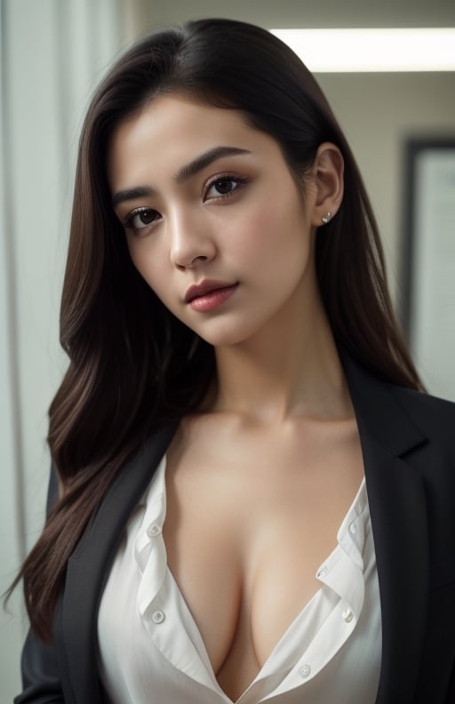 masterpiece, best quality, photorealistic, raw photo, 1girl, long hair, medium breast, super cool black office uniform, detailed skin, pore, perfect shinny face, depth of field, in the clear light.,b3rli,blurry_light_background