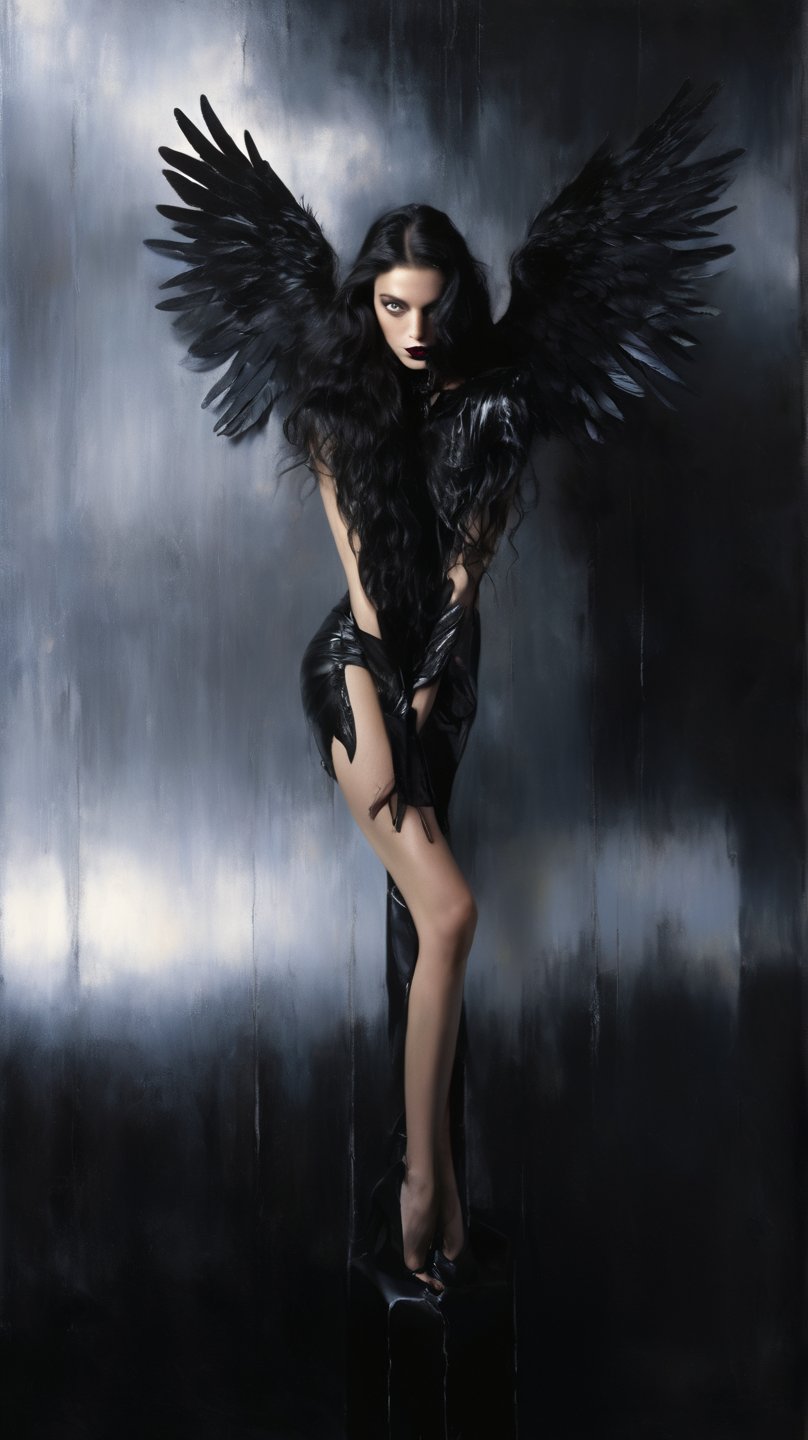 A naked woman with black wings sprouting from her back, angel with open black wings, she emerges from the shadows, her porcelain skin radiating a golden glow under analog lighting. Her piercing gaze, framed by thick white locks, is accentuated with black lipstick. A detailed nose and facial structure are placed on a leather background; She is naked from the front.  The camera's focus on her face is so sharp it's as if you can count the individual pores, while her wavy hair falls like a dark waterfall down her back. This masterpiece of photorealism transports the viewer to a beautiful fallen angel with large black wings and gothic sensuality. The image plane is a general plane that allows you to see the entire body from head to toe