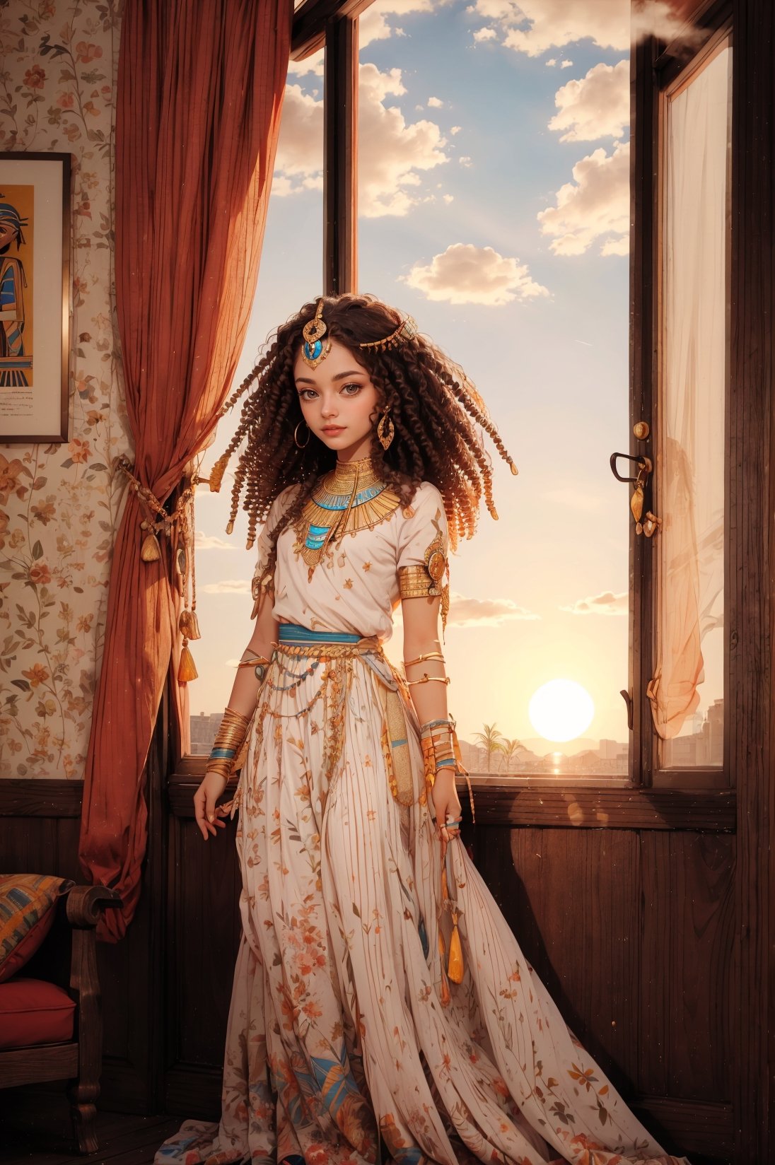 Merit,  beautiful little girl, 6years old,egyption ' ankh  full body   with  curly hair , hazel eyes , character shet 😯  more sheets of the character pose in front of her window and sun set on her face 