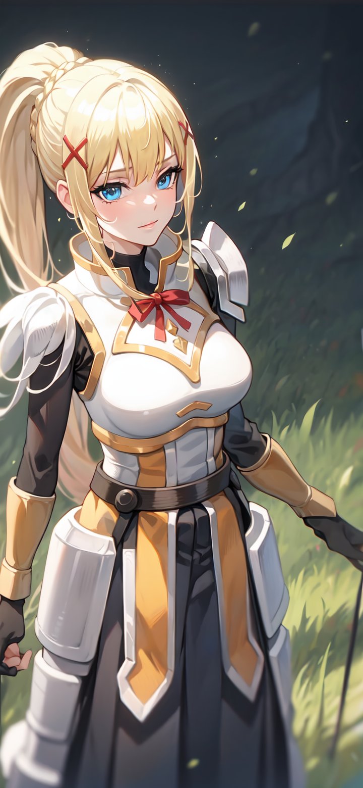 1girl, long hair, blonde hair, x hair ornament, armor, blue eyes, ponytail, hair ornament, gloves, shoulder armor, braid, black gloves, pauldrons, white boots, darkness \(konosuba\), large breasts, nature background, 


(masterpiece, best quality), young lady, View from the front, dynamic angle, standing,  perfect hand with proper finger, BetterHands