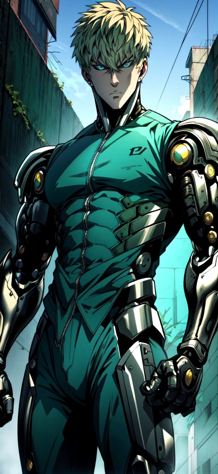 GENOS, cyborg, colored sclera


(masterpiece, best quality), Athletically built young man with a penetrating gaze, framing intense, blue eyes, View from the front, dynamic angle, standing, serious, green suit, green tie, perfect hand with proper finger, BetterHands:1.2, Better_Hands ,GENOS