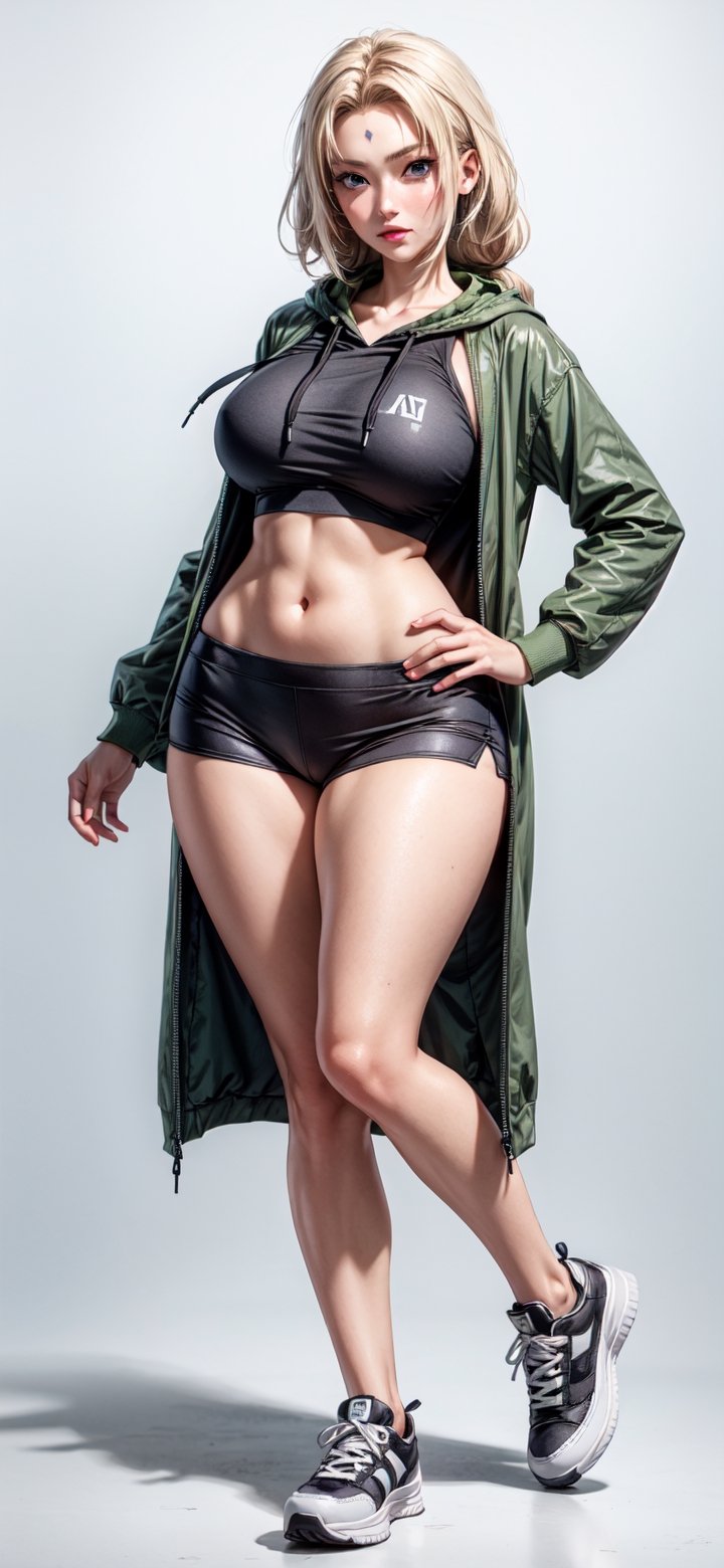 1girl, solo, long hair, breasts, looking at viewer, blush, bangs, blue eyes, large breasts, simple background, long sleeves, white background, standing, full body, grey hair, thighs, shoes, hood, black footwear, lips, bodysuit, hoodie, covered navel, thick thighs, hood down, sneakers, curvy, wide hips, tight, black hoodie, cropped hoodie, tsunade \(naruto\)