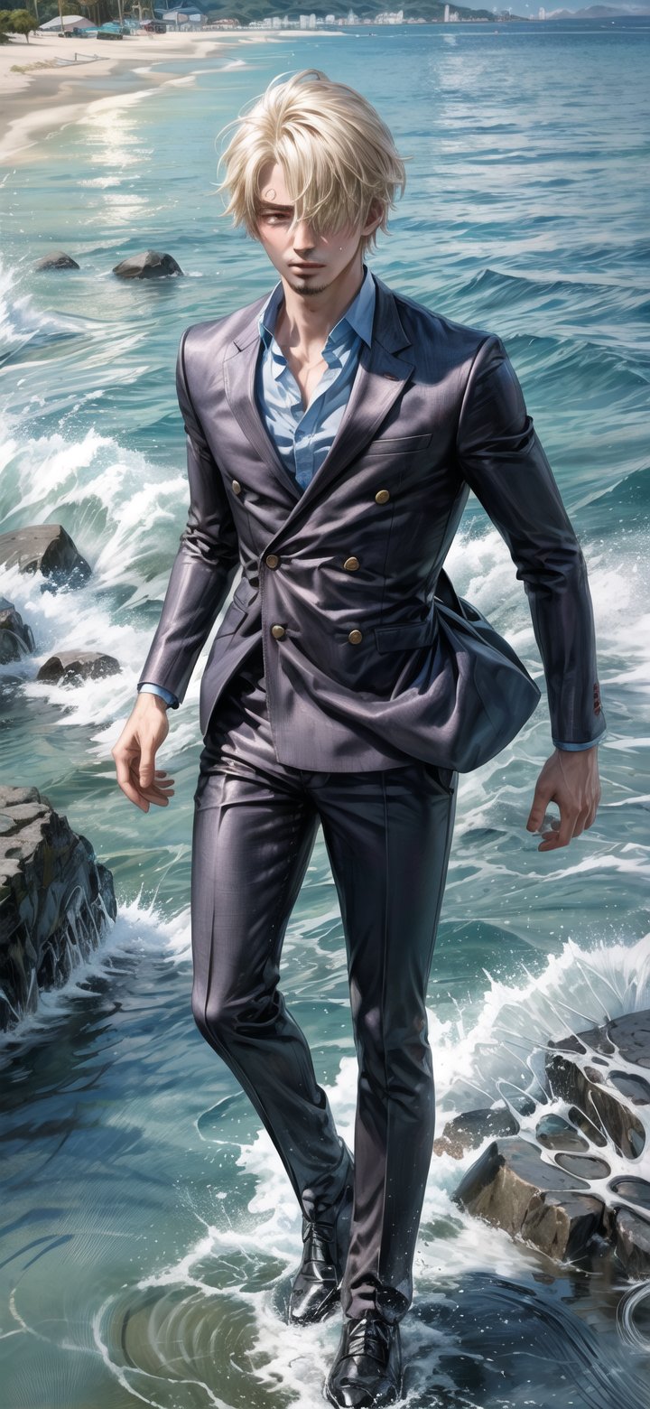 sanj, blonde hair, muscular male, suit, hair covering one eye, goatee, sea background, full body, (masterpiece, best quality)