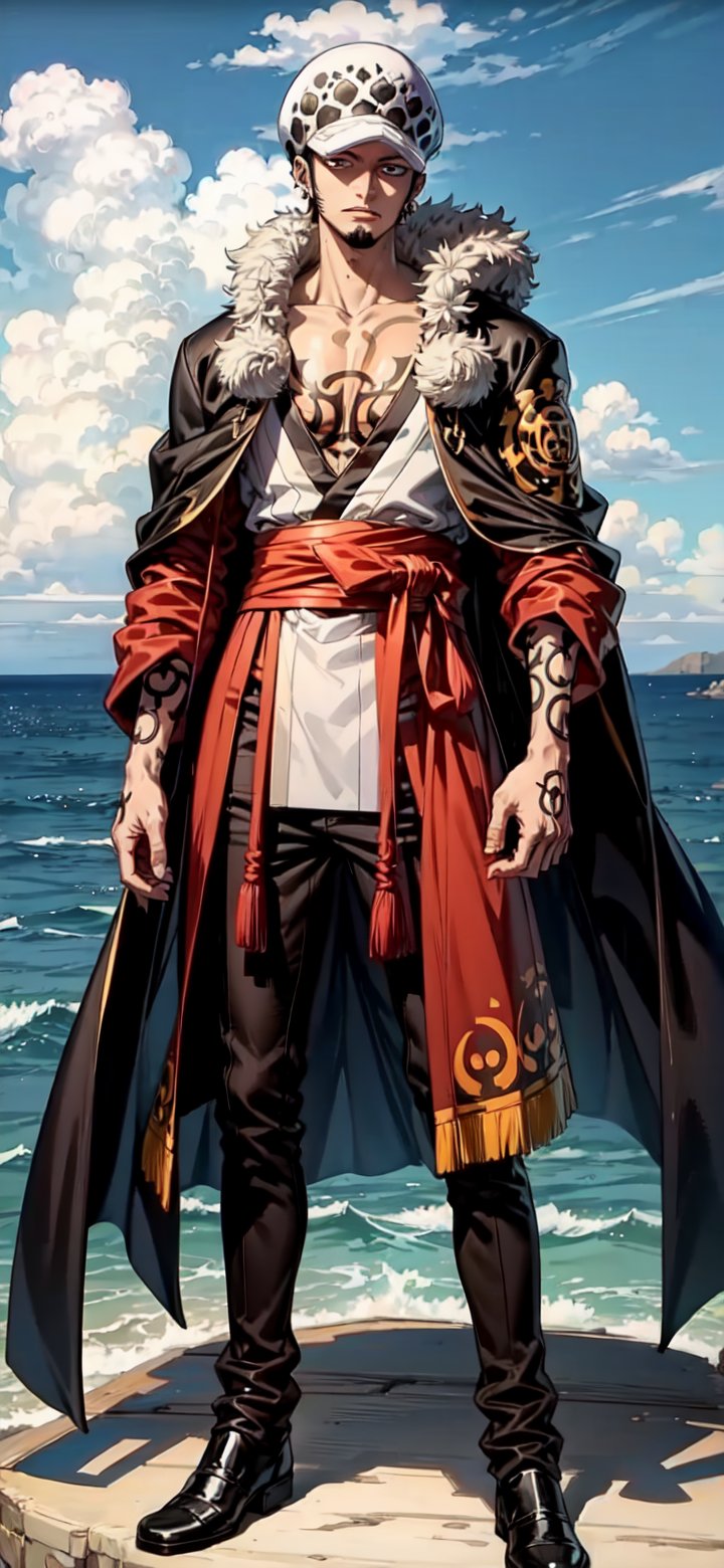 trafalgar law, tdlwano, 1boy, black hair, hat, chest tattoo, earrings, facial hair, long sideburns, goatee, japanese clothes, black kimono, coat on shoulder


, sea background, full body, (masterpiece, best quality), young man, View from the front, dynamic angle, standing, perfect hand with proper finger, BetterHands, anime,1utf1