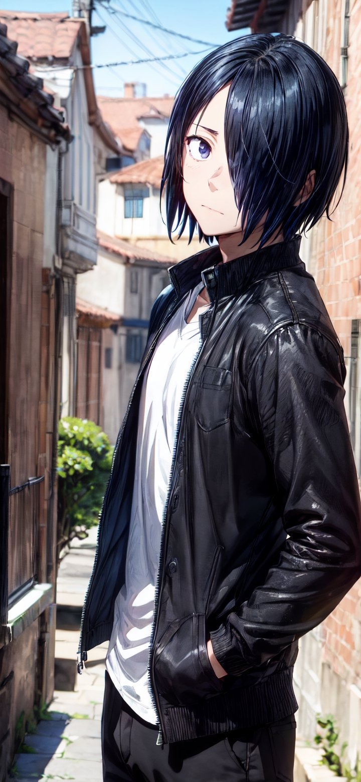 yuu ishigami, black hair, blue hair, male focus, (hair over one eye:1.5), (black eyes:1.3), shirt, school uniform, jacket, white shirt, open clothes, black jacket, gakuran,

full body, standing up, (masterpiece, best quality), young man with, framing intense, blue eyes, View from the front, dynamic angle, standing, serious, perfect hand with proper finger, BetterHands,perfecteyes eyes