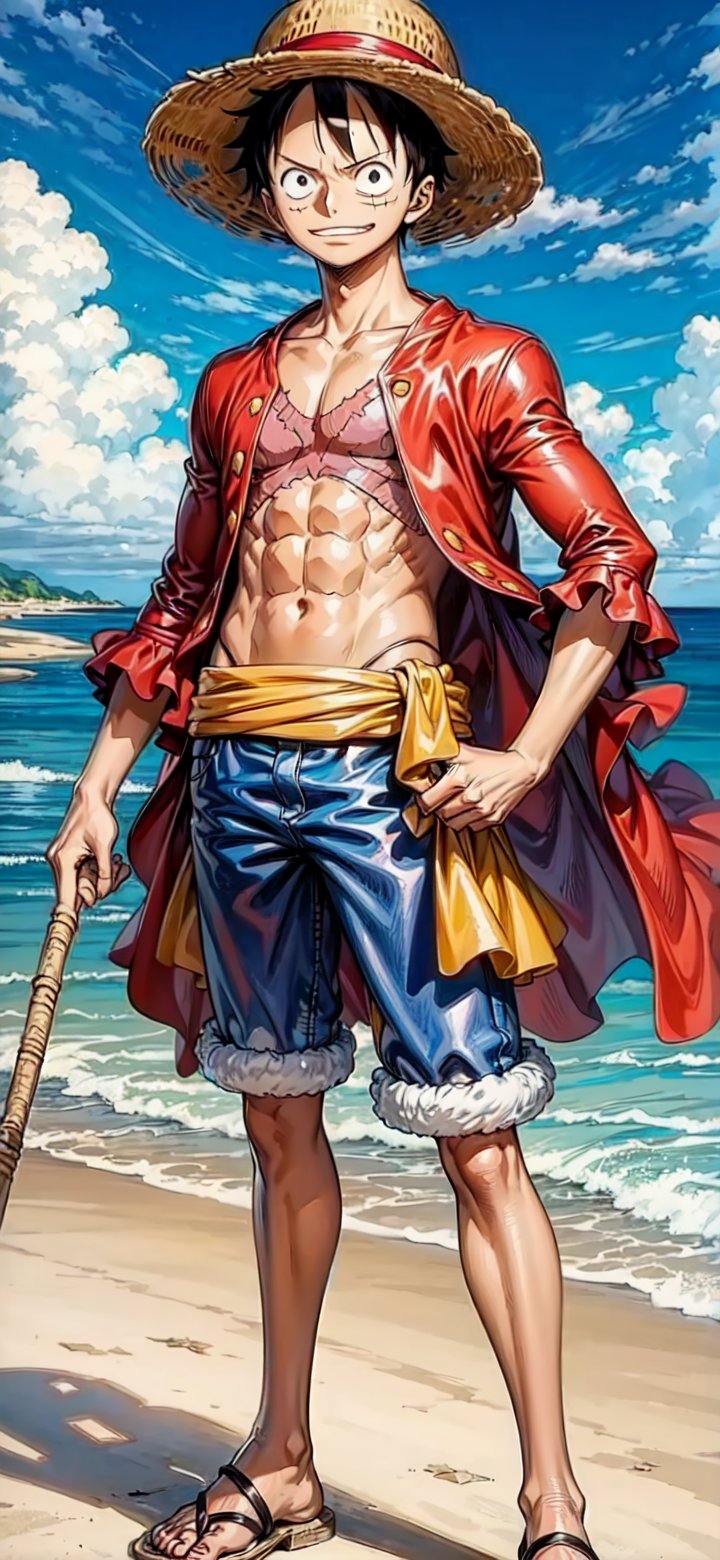 1 boy, luffy, straw hat, abs, scar on chest, red shirt, open clothes, open shirt, short hair, sandals


, sea background, full body, (masterpiece, best quality), young man, View from the front, dynamic angle, standing, perfect hand with proper finger, BetterHands, anime,1utf1
