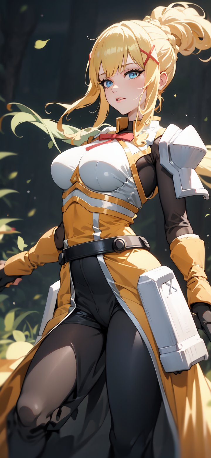 1 girl, midjourney, long hair, blonde hair, x hair ornament, armor, blue eyes, ponytail, hair ornament, gloves, shoulder armor, braid, black gloves, pauldrons, white boots, darkness \(konosuba\), large breasts, nature background, 


(masterpiece, best quality), young lady, View from the front, dynamic angle, standing,  perfect hand with proper finger, BetterHands