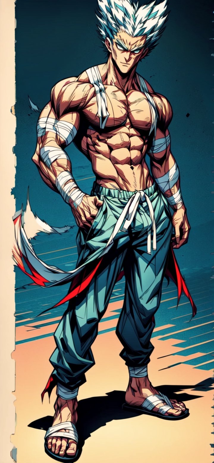 garou, ((garou, aqua eyes, short hair, white hair, spiked hair, huge muscles, bandages, white sandal, feet)), full body, standing up, 


(masterpiece, best quality), young man, framing intense, blue eyes, View from the front, dynamic angle, standing, serious, perfect hand with proper finger, BetterHands, Better_Hands ,garou,DonMG30T00n