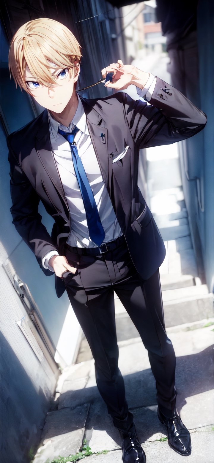 A masterpiece of a photograph captures Shirogane Miyuki, a young man with striking blonde hair and piercing blue eyes, dressed in his school uniform's gakuran pants. Framed intensely from the front, the dynamic angle showcases Miyuki standing upright, exuding seriousness as he holds his hands perfectly, fingers properly placed. The blue of his eyes seems to pierce through the image, drawing the viewer's attention to this moment of composure and confidence,perfecteyes eyes