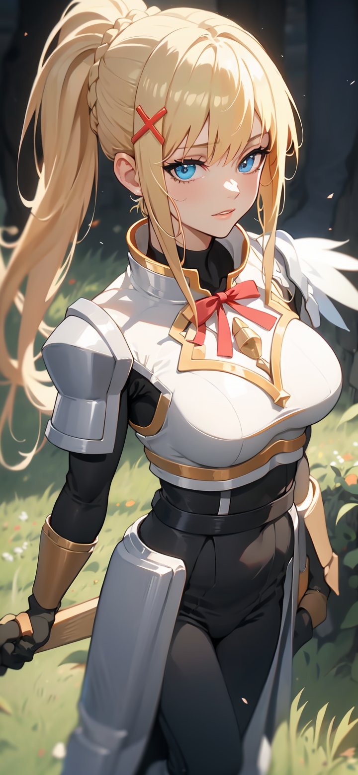 1 girl, midjourney, long hair, blonde hair, x hair ornament, armor, blue eyes, ponytail, hair ornament, gloves, shoulder armor, braid, black gloves, pauldrons, white boots, darkness \(konosuba\), large breasts, nature background, 


(masterpiece, best quality), young lady, View from the front, dynamic angle, standing,  perfect hand with proper finger, BetterHands