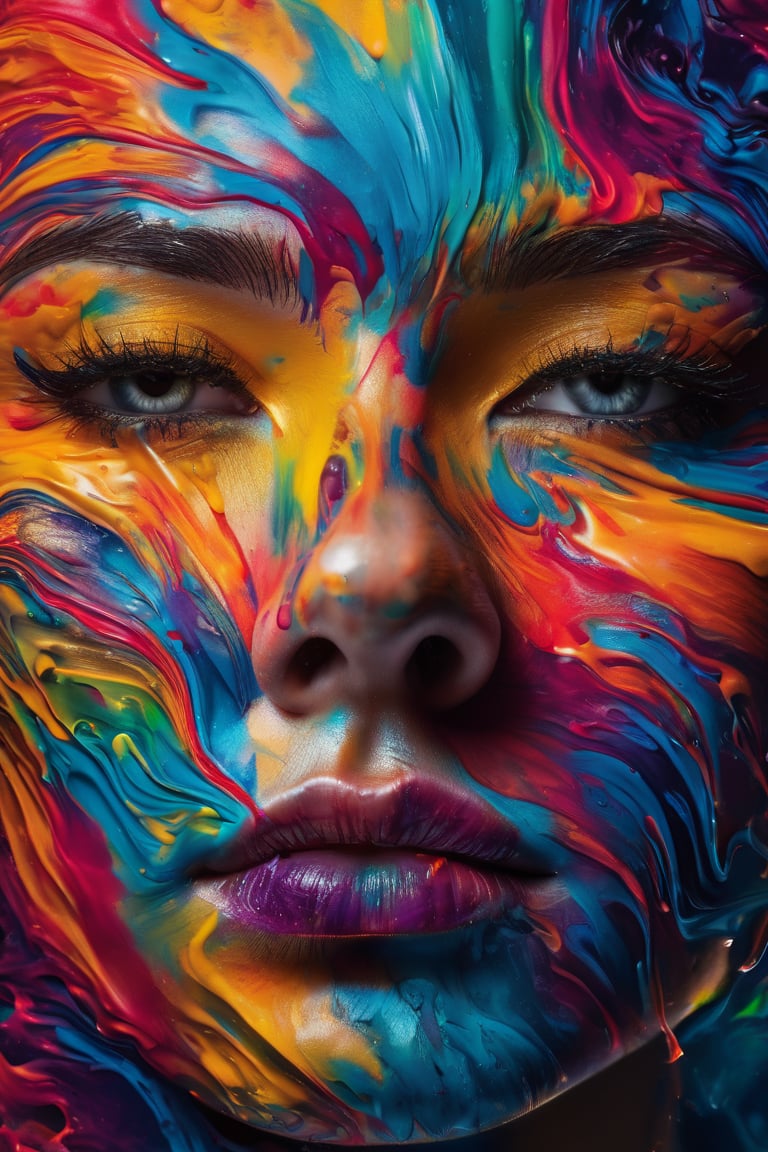 Colorful ink cascaded the canvas, forming human face. photo, studio lighting, sony a7, 35mm, hyperrealistic, big depth of field, concept art, colors, hyperdetailed, hyperrealistic, (big depth of field), (moody lighting), (ambient light), ((cinematic)),perfecteyes,colorfulmix