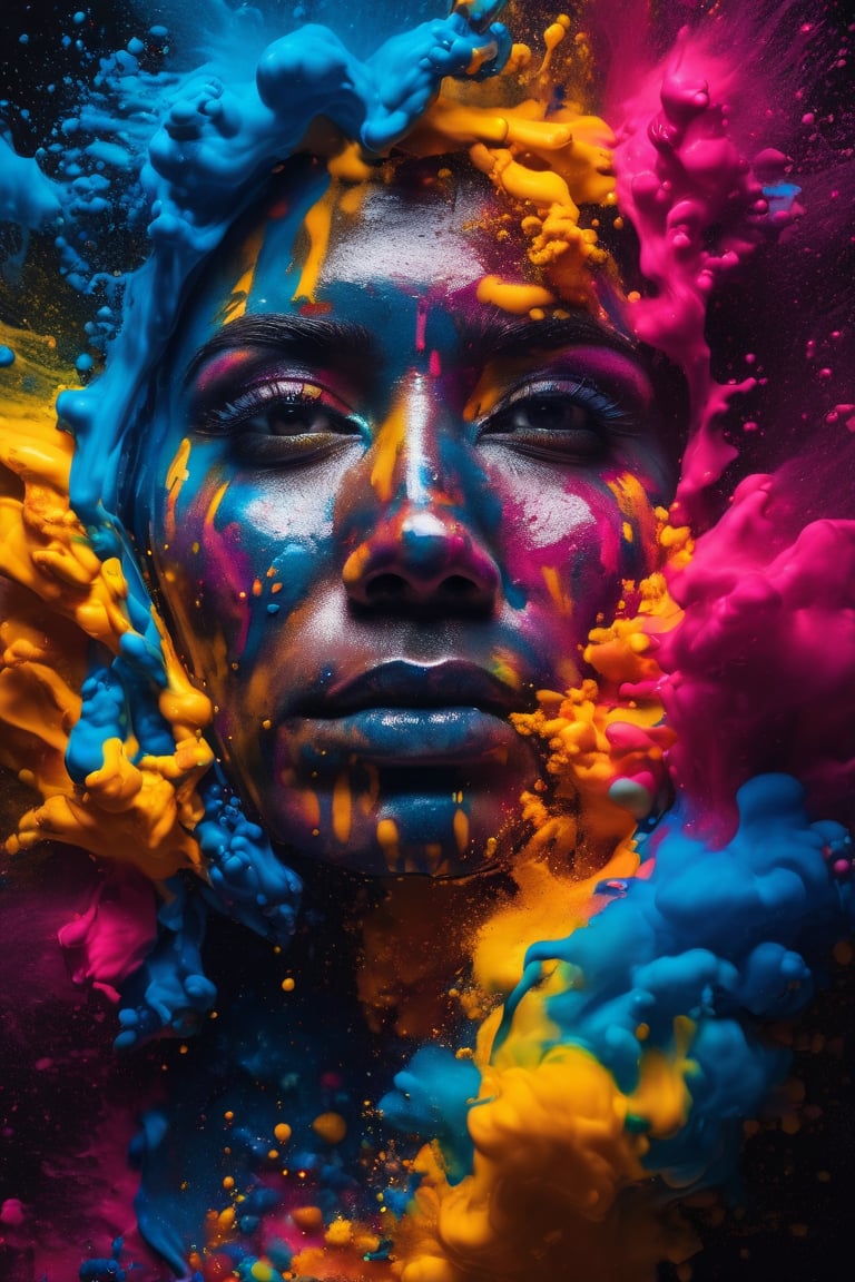 Colorful ink cascaded the canvas, forming human face. photo, studio lighting, sony a7, 35mm, hyperrealistic, big depth of field, concept art, colors, hyperdetailed, hyperrealistic, (big depth of field), (moody lighting), (ambient light), ((cinematic)),perfecteyes,colorfulmix