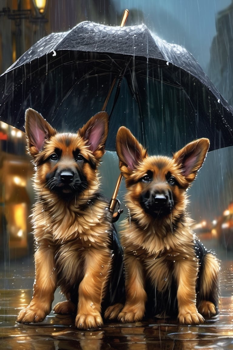 Hyper-detailed  painting, Jean-Baptiste Monge style, 3 cute little puppy german shepherds gathered in the rain under an single black umbrella, splash, glittering, cute and adorable, filigree, lights, fluffy, magic, surreal, fantasy, digital art, ultra hd, hyper-realistic illustration, vivid colors,  UHD, cinematic perfect light