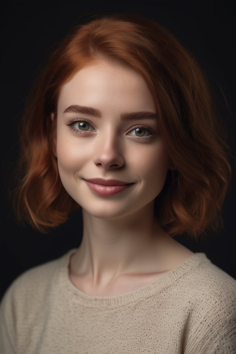 Dark Red head 25 year old girl Anna Goldroe portrait. | She happy and has kind smile. | She has spekles, (black brows:1.5), black eyelash, bobcut hairstyle. Dark studio background. High quality professional photo. Detailed. Sharpness. 8K, UHD