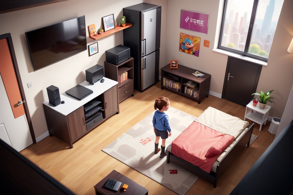 Concept of 3d game life simulation with top down view. Apartments interior. (Girl character:1.6). HUD, game UI, Super quality, gforce graphic card, ambient occlusion, raytracing, ultra HD,Playstation 1 Graphics