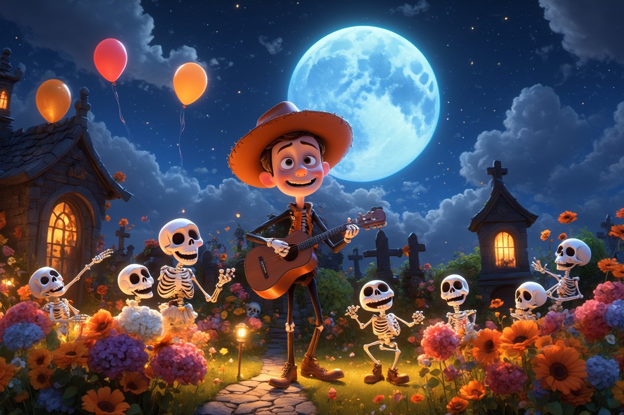 (masterpiece), (best quality), (ultra-detailed), (full body:1.2), (a lot of funny sceletons:1.4) dances, (party:1.4),  Super cute, Pixar, Liqiu Sun Term Painting Style, Skeletons, Cemetery at night, White clouds float in the sky,  Delicate and fine, Fairy tales, Incredibly high detailed, Pixar style, Bright color palette, Natural light, Octane render, Trending on Artstation, Gorgeous, Ultra wide angle, 8k, HD, Flat Design