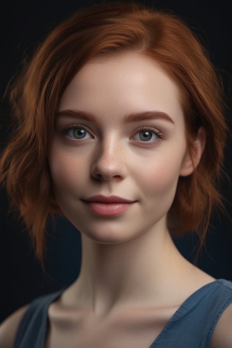 Dark Red head 25 year old girl Anna Goldroe portrait. | She happy and has kind smile. | She has spekles, (black brows:1.5), black eyelash, bobcut hairstyle. | She wearingblue bandage on forehead. | Dark studio background. High quality professional photo. Detailed. Sharpness. 8K, UHD