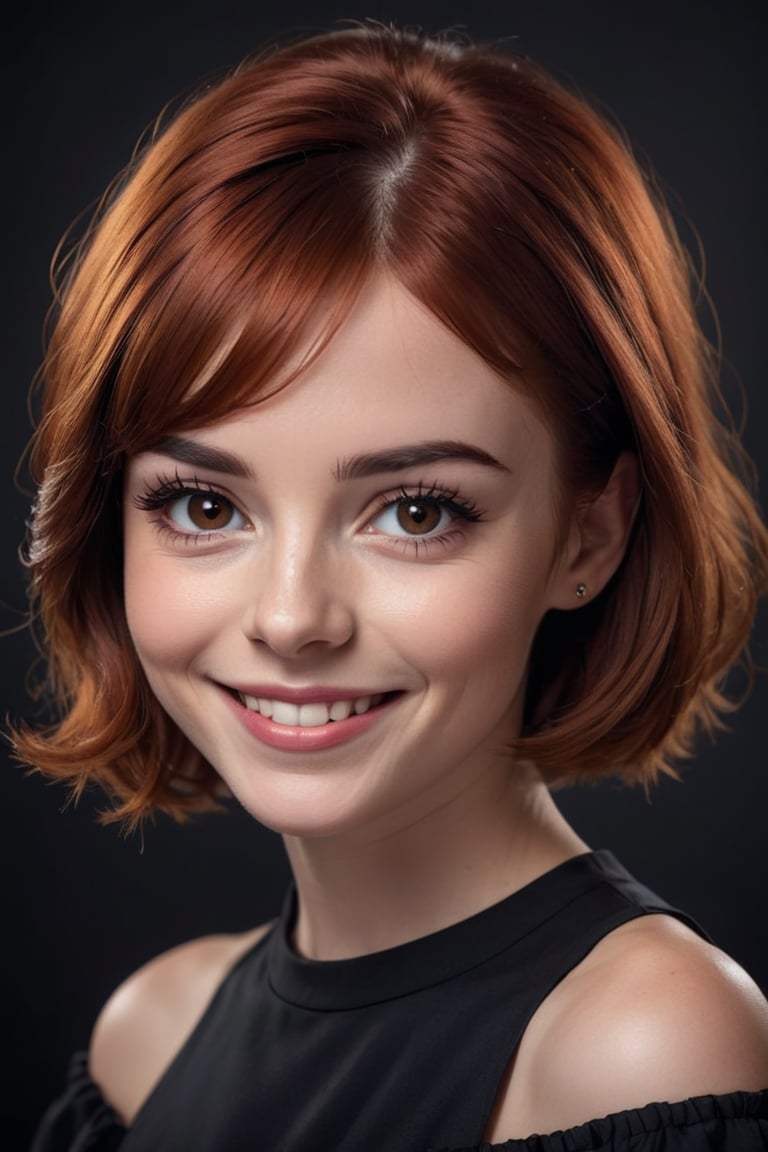 Dark Red head 30 year old girl Anna Goldroe portrait. | She happy and smile. | She has spekles, (black brows:1.5), black eyelash, bobcut hairstyle. Dark studio background. High quality professional photo. Detailed. Sharpness. 8K, UHD