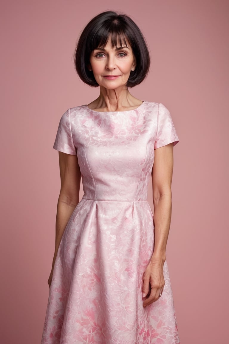 Realistic full height portrait of sixty years old woman Herleva Sabina Yonker, (bob cut hair:1,4), dark hair, white sheat dress with pink patterns, shy face, cute pose, masterpiece, professional studio photo