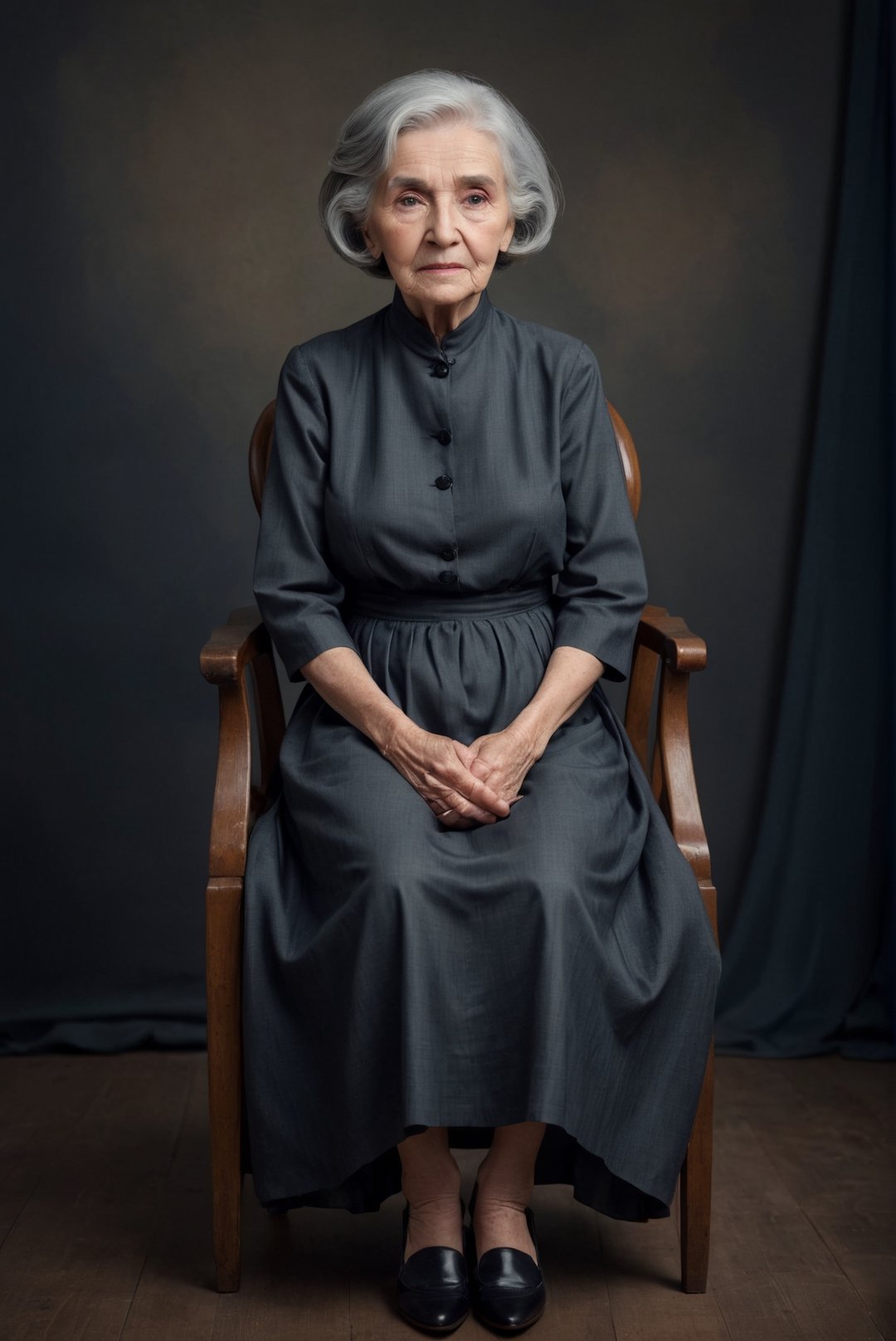 Realistic full height portrait of one hundred years old woman Herleva Sabina Yonker, sits on chair, (bob cut hair:1,4), grey hair, dark long dress, sad face, masterpiece, professional studio photo