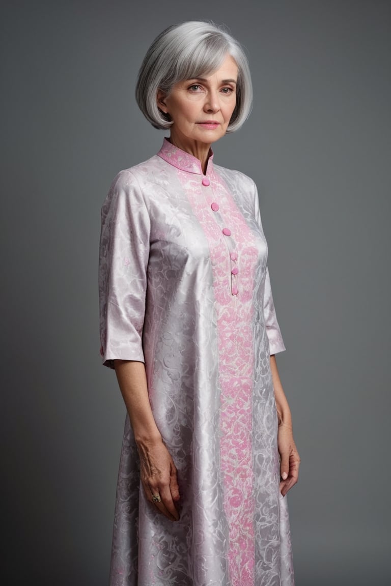 Realistic full height portrait of sixty years old woman Herleva Sabina Yonker, (bob cut hair:1,4), grey hair, white sheat dress with pink patterns, sad face, venerable pose, masterpiece, professional studio photo