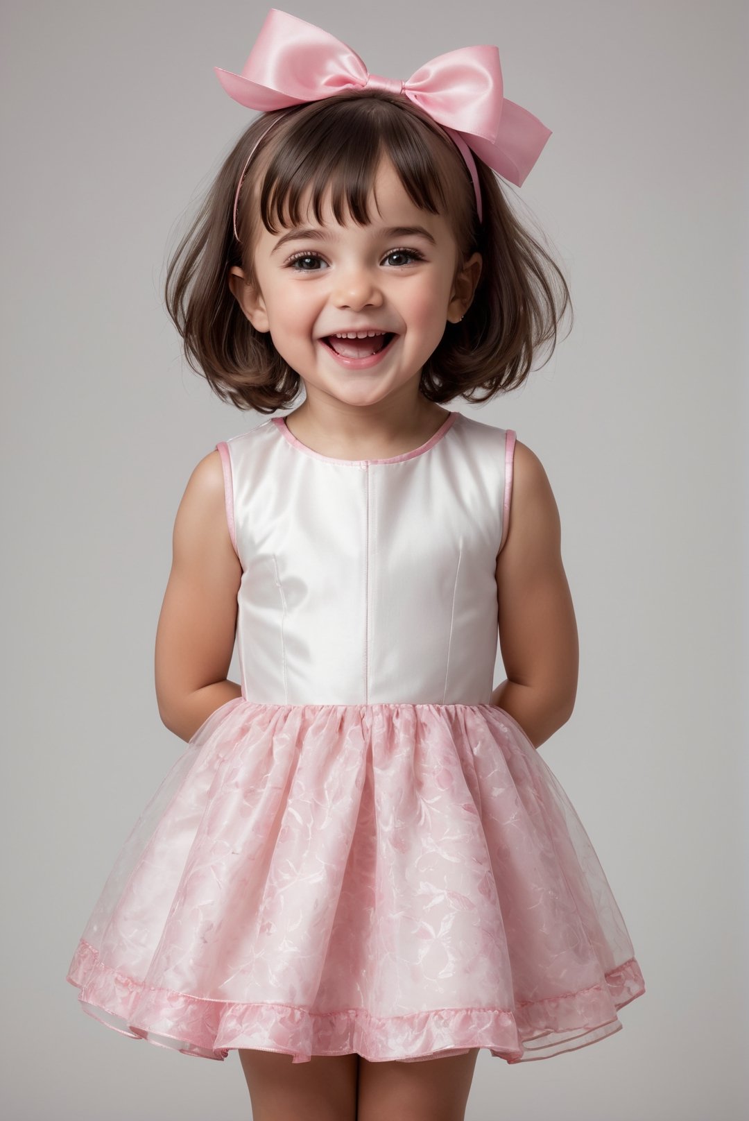 Realistic full height portrait of four years old 1 girl Herleva Sabina Yonker, (bob cut hair:1,4), dark hair, white sheer boufant short dress with pink patterns, (she laughs:1.4), happy face, cute pose, masterpiece, professional studio photo