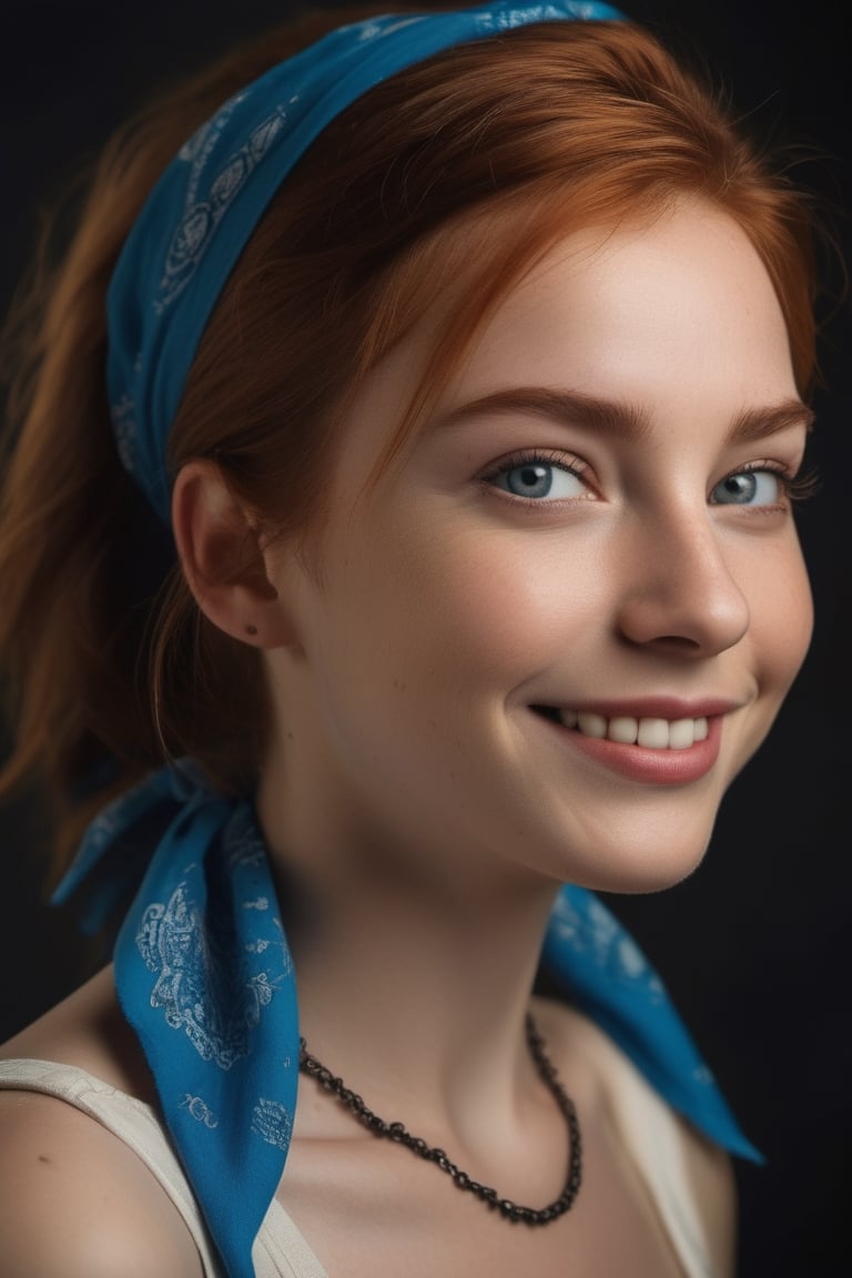 Dark Red head 25 year old girl ((Anna Goldroe)) portrait. | She happy and has kind smile. | She has spekles, (black brows:1.5), black eyelash, Brown eyes, bobcut hairstyle, loose hair. | She wearing (blue bandana: 1.8) on the forehead. | Dark studio background. High quality professional photo. Detailed. Sharpness. 8K, UHD