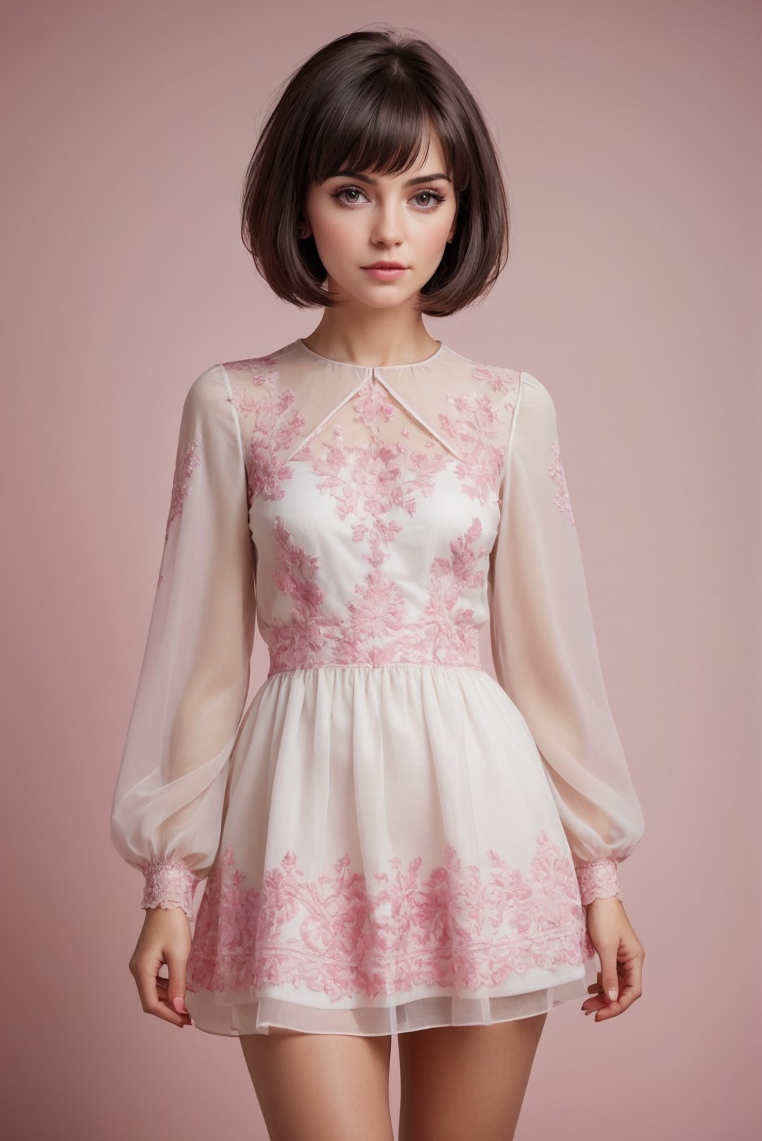 Realistic full height portrait of thirty five years old woman Herleva Sabina Yonker, (bob cut hair:1,4), dark hair, white sheer boufant short dress with pink patterns, shy face, cute pose, masterpiece, professional studio photo