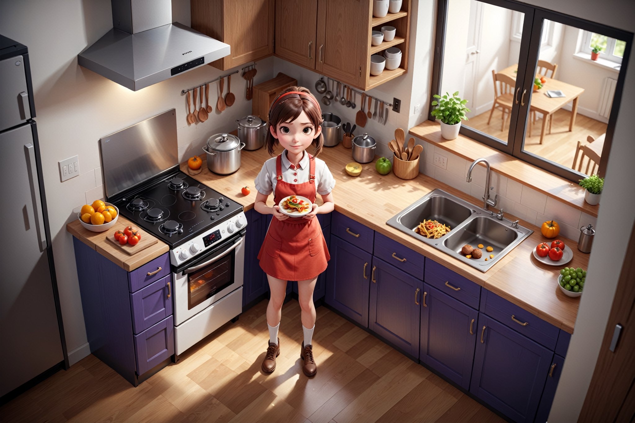 Concept of 3d game life simulation with top down view. Kitchen interior. (Girl character:1.6). HUD, game UI, Super quality, gforce graphic card, ambient occlusion, raytracing, ultra HD,Playstation 1 Graphics