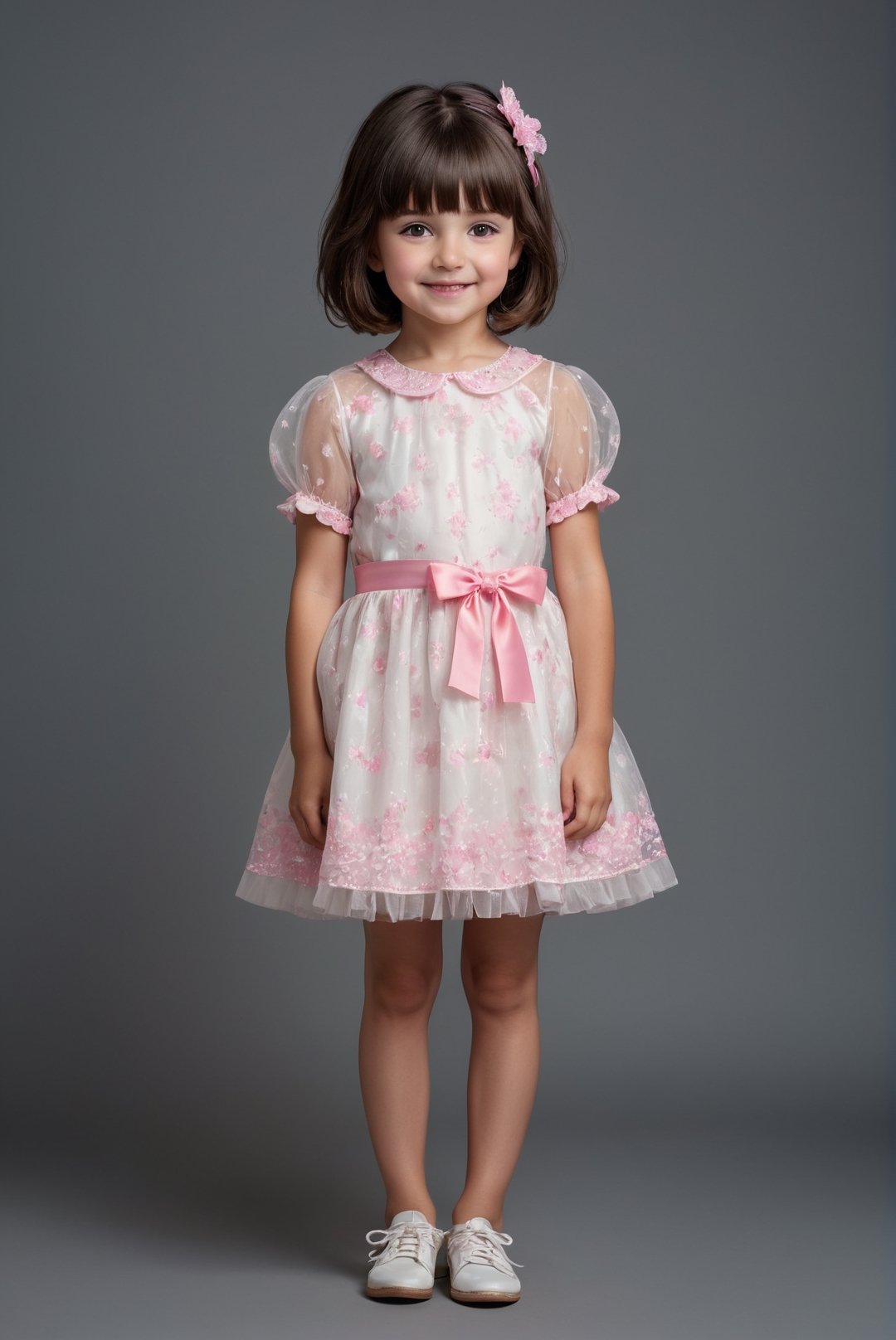 Realistic full height portrait of eight years old 1 girl Herleva Sabina Yonker, (bob cut hair:1,4), dark hair, white sheer boufant short dress with pink patterns, happy face, cute pose, masterpiece, professional studio photo