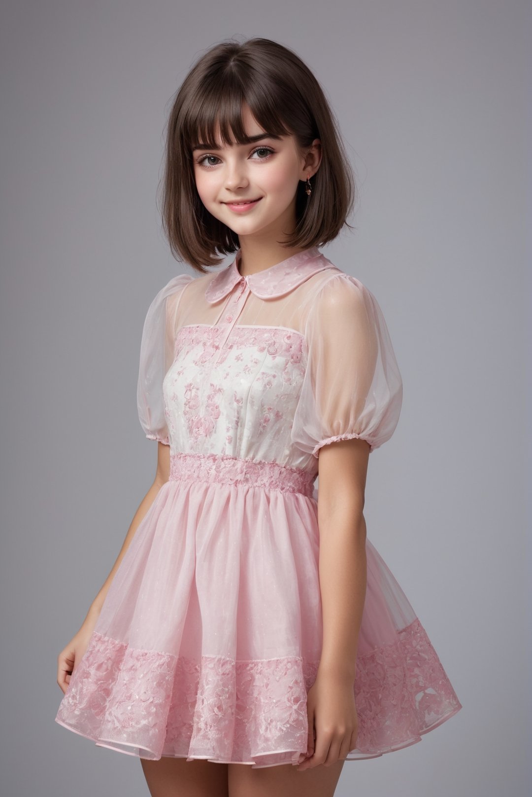 Realistic full height portrait of sixteen years old 1 girl Herleva Sabina Yonker, (bob cut hair:1,4), dark hair, white sheer boufant short dress with pink patterns, happy face, cute pose, masterpiece, professional studio photo