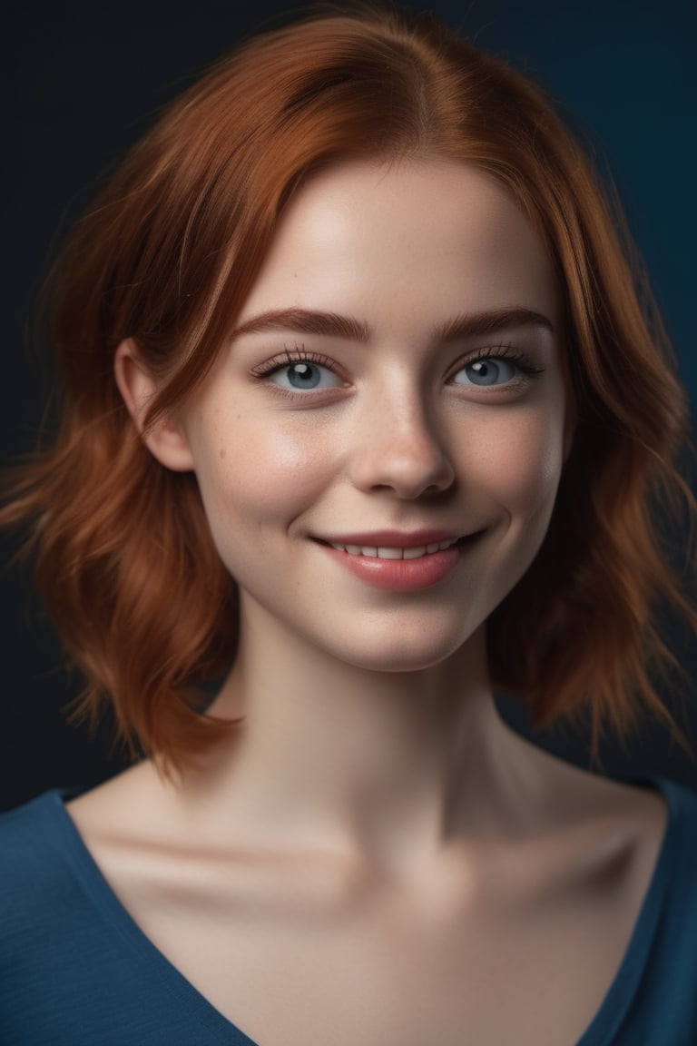 Dark Red head 25 year old girl Anna Goldroe portrait. | She happy and has kind smile. | She has spekles, (black brows:1.5), black eyelash, bobcut hairstyle. | She wearing blue band on forehead. | Dark studio background. High quality professional photo. Detailed. Sharpness. 8K, UHD