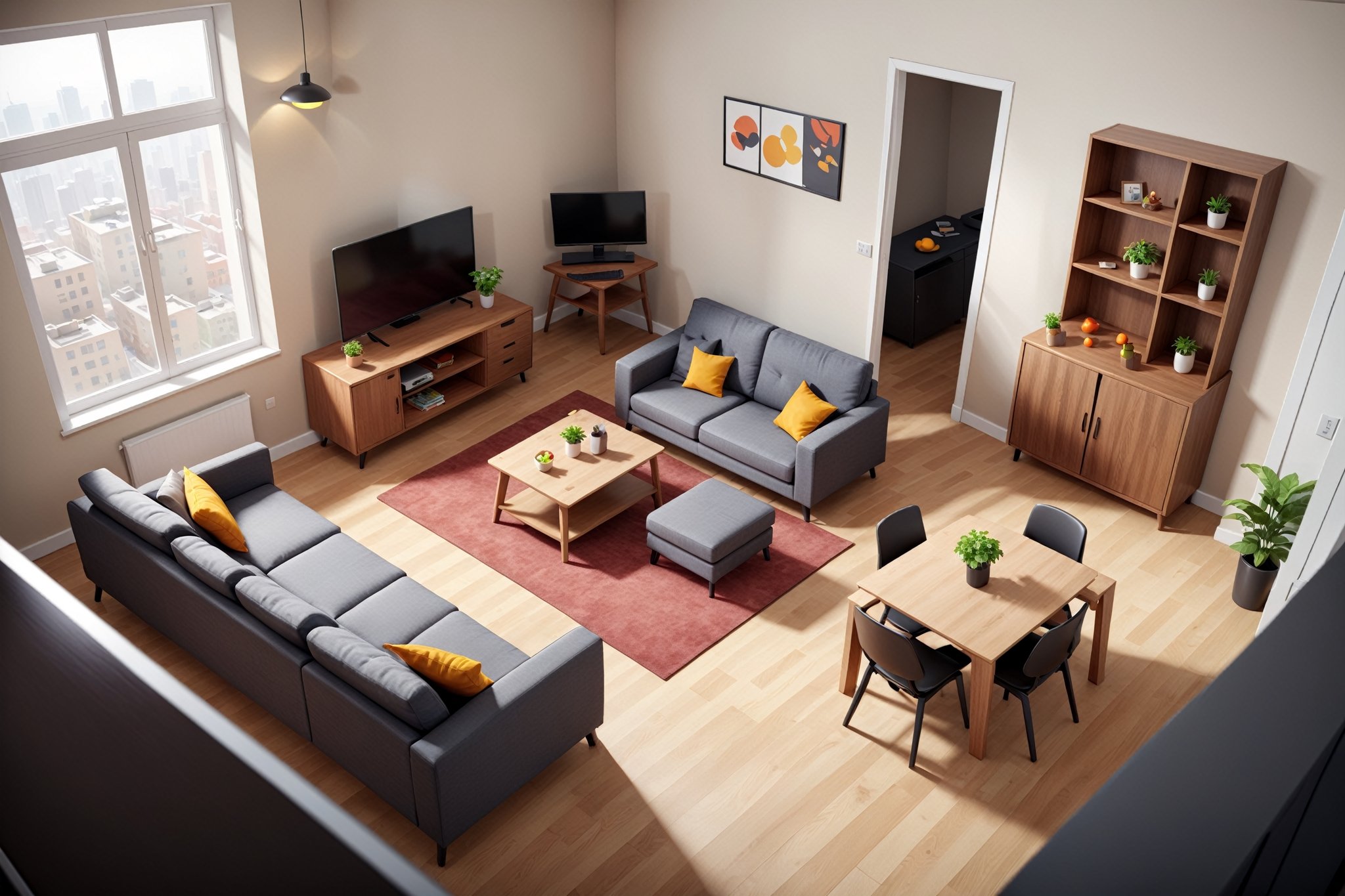 Concept of 3d game life simulation with top down view. Apartments interior. Super quality, gforce graphic card, ambient occlusion, raytracing, ultra HD