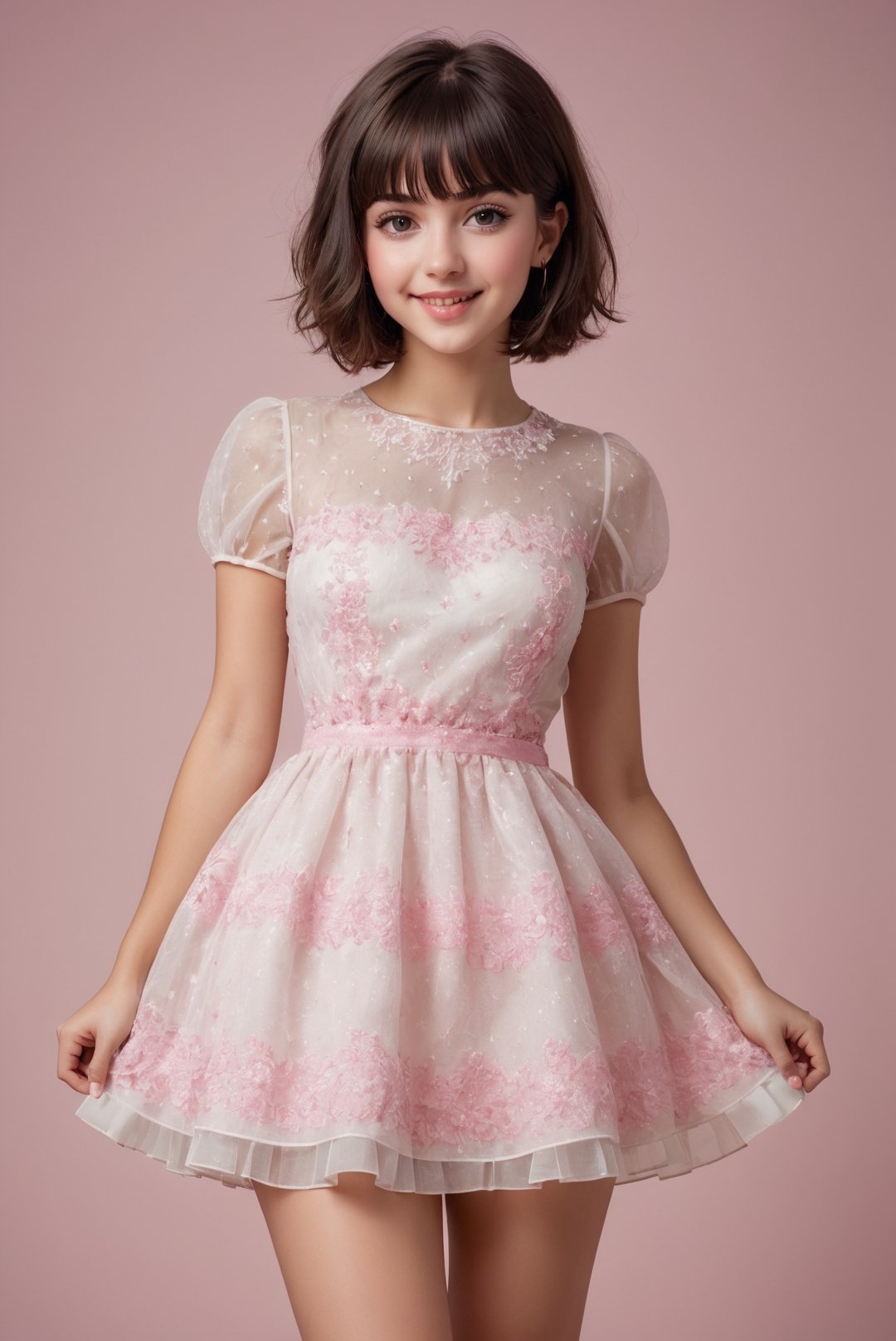 Realistic full height portrait of twenty years old 1 girl Herleva Sabina Yonker, (bob cut hair:1,4), dark hair, white sheer boufant short dress with pink patterns, happy face, cute pose, masterpiece, professional studio photo