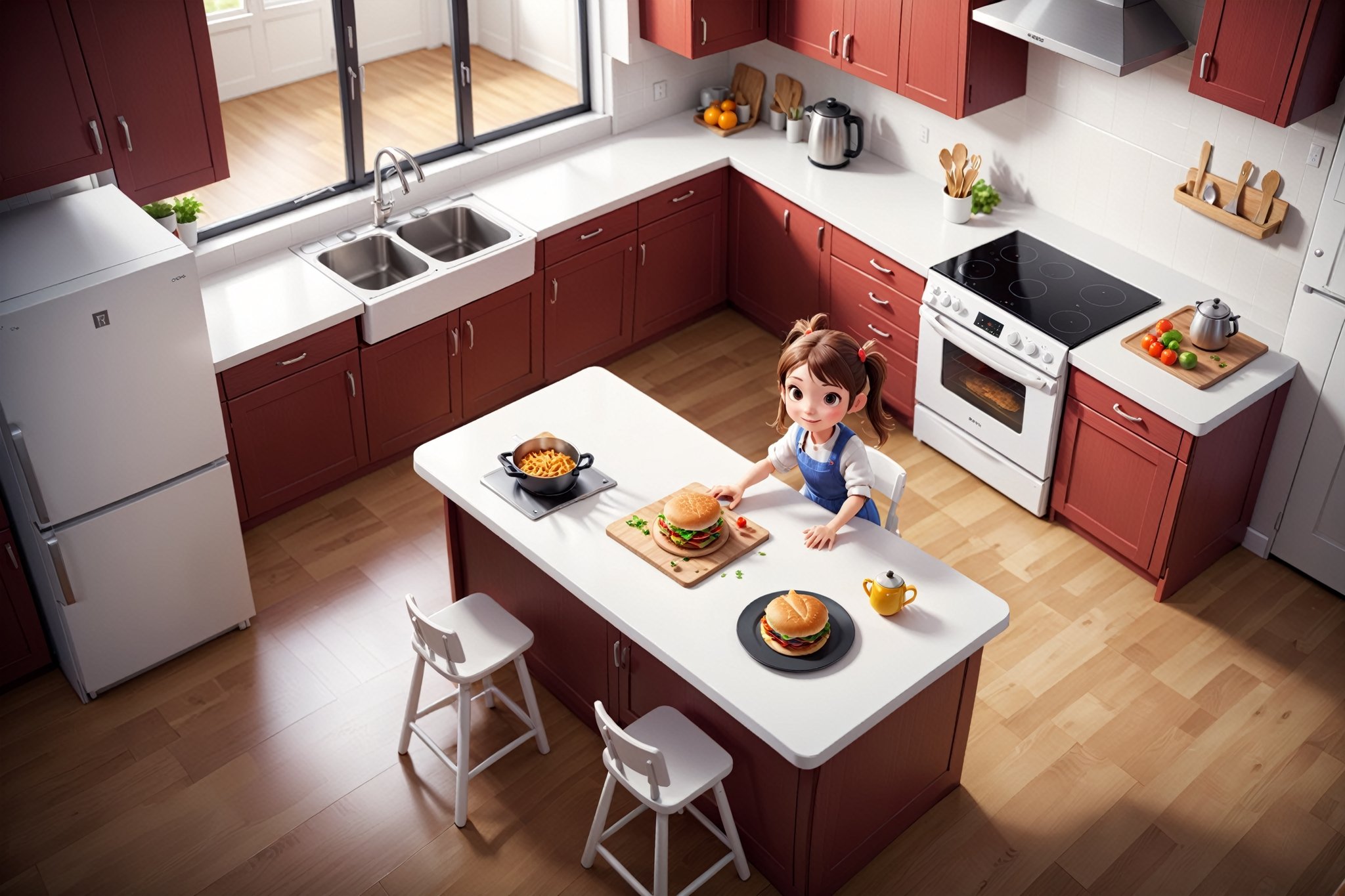 Concept of 3d game life simulation with top down view. Kitchen interior. (Girl character:1.6). HUD, game UI, Super quality, gforce graphic card, ambient occlusion, raytracing, ultra HD,Playstation 1 Graphics