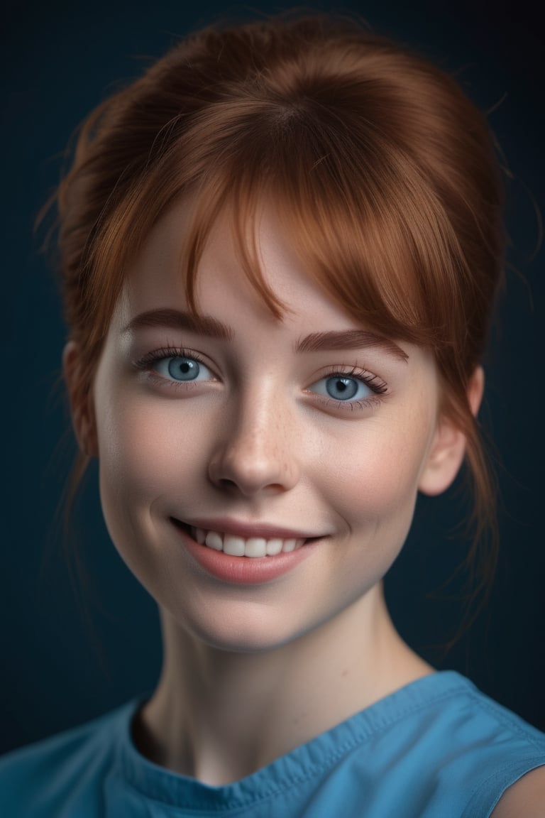 Dark Red head 25 year old girl ((Anna Goldroe)) portrait. | She happy and has kind smile. | She has spekles, (black brows:1.5), black eyelash, Brown eyes, bobcut hairstyle. | She wearing (blue bandage: 1.8) on forehead. | Dark studio background. High quality professional photo. Detailed. Sharpness. 8K, UHD