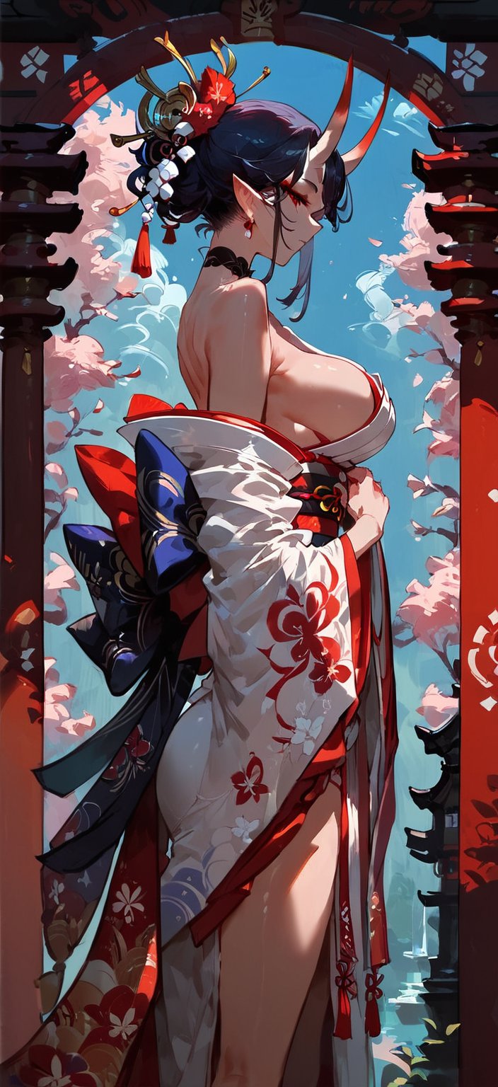 score_9, score_8_up, score_7_up, score_6_up, solo, 1 oni, japanese dress, shrine background,  concept art, Expressiveh