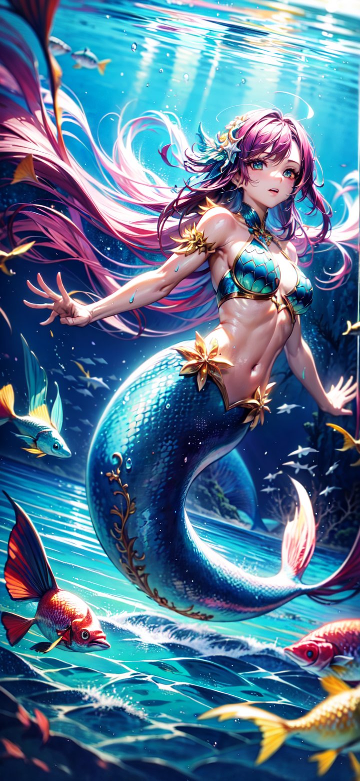 Mermaid, swimming, sea and fish background, nori